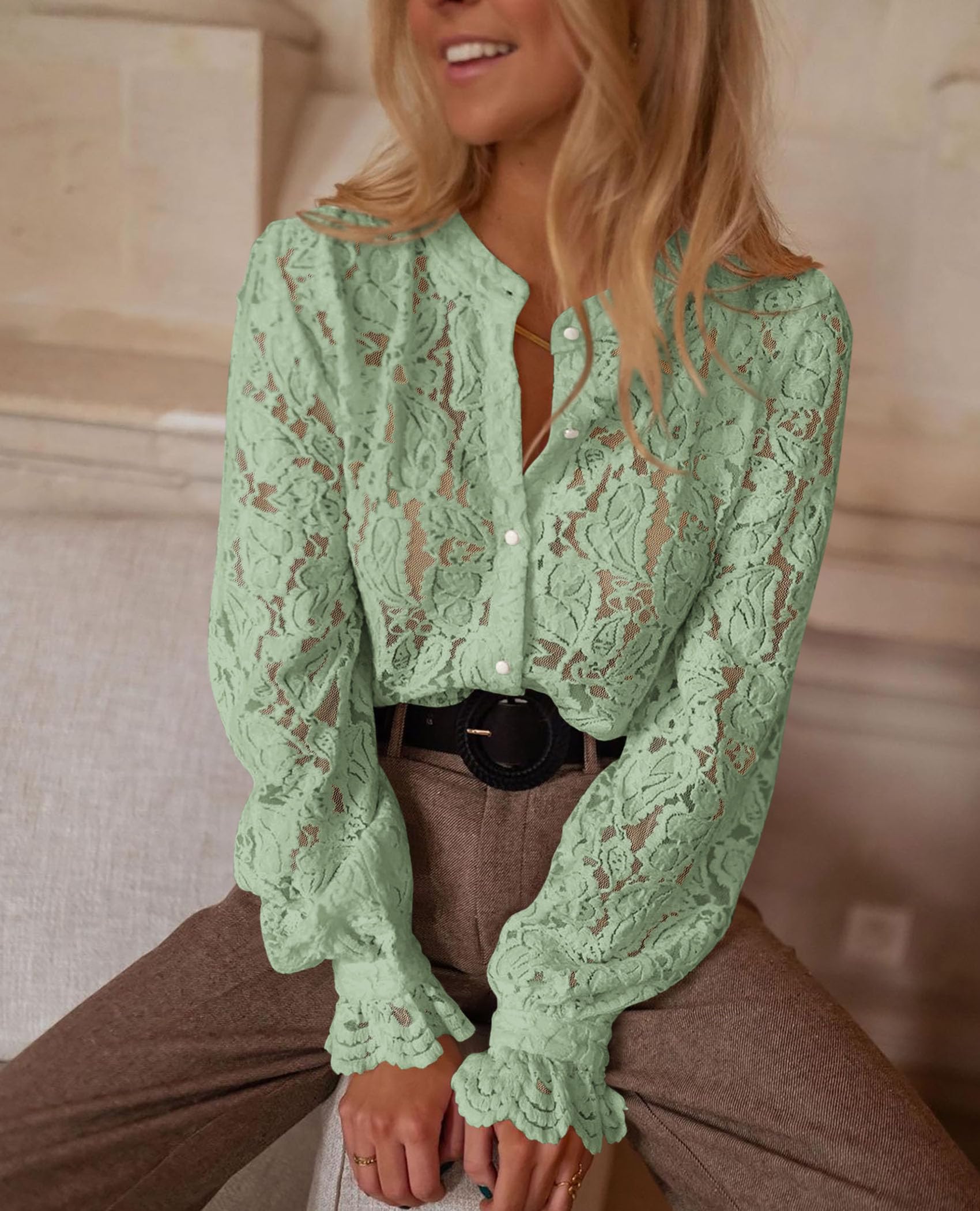 Women's Fall Trendy Long Sleeve Lace Tops(Dusty Green,Small)