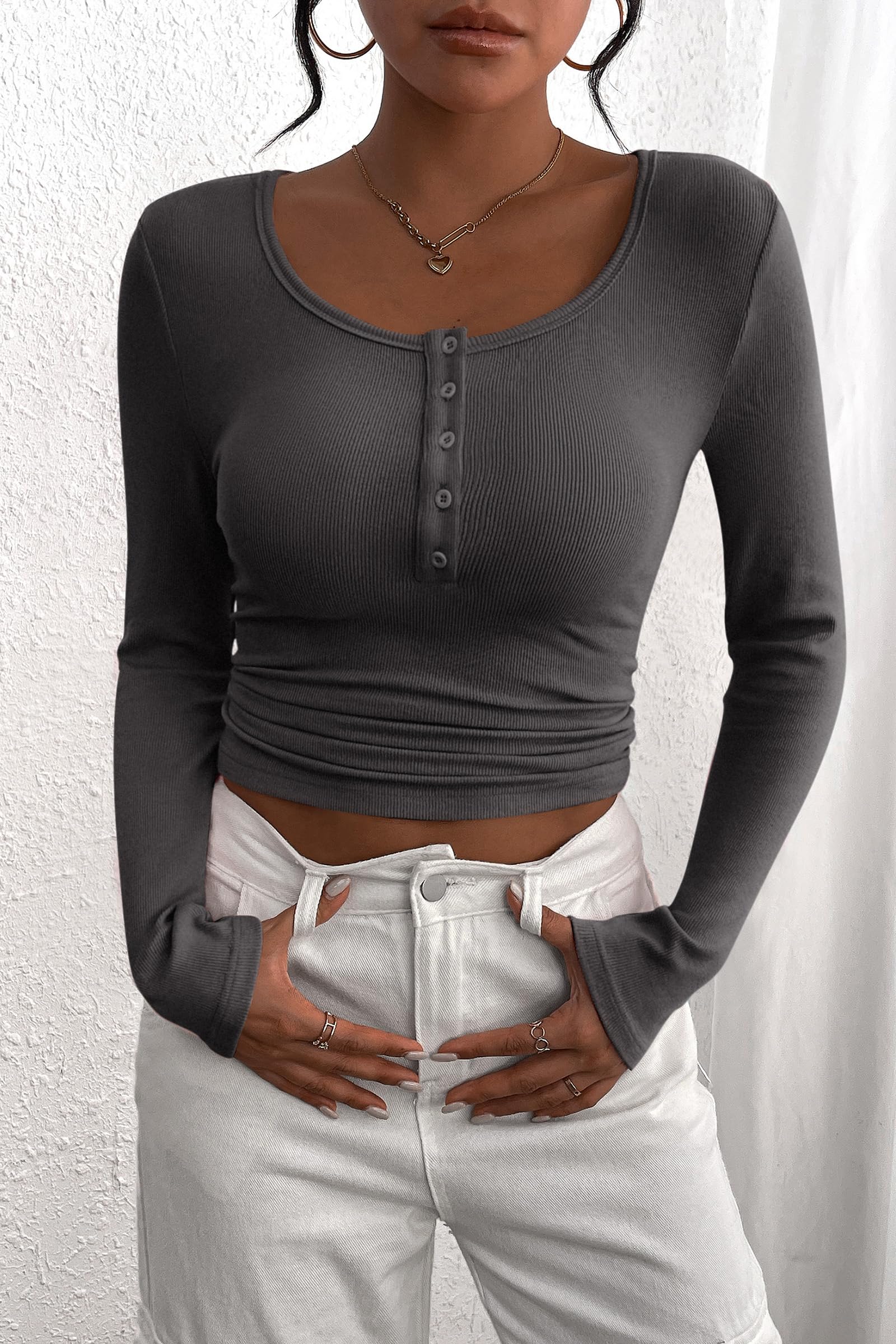 Women's Fall Long Sleeve Henley T Shirts Dark Grey