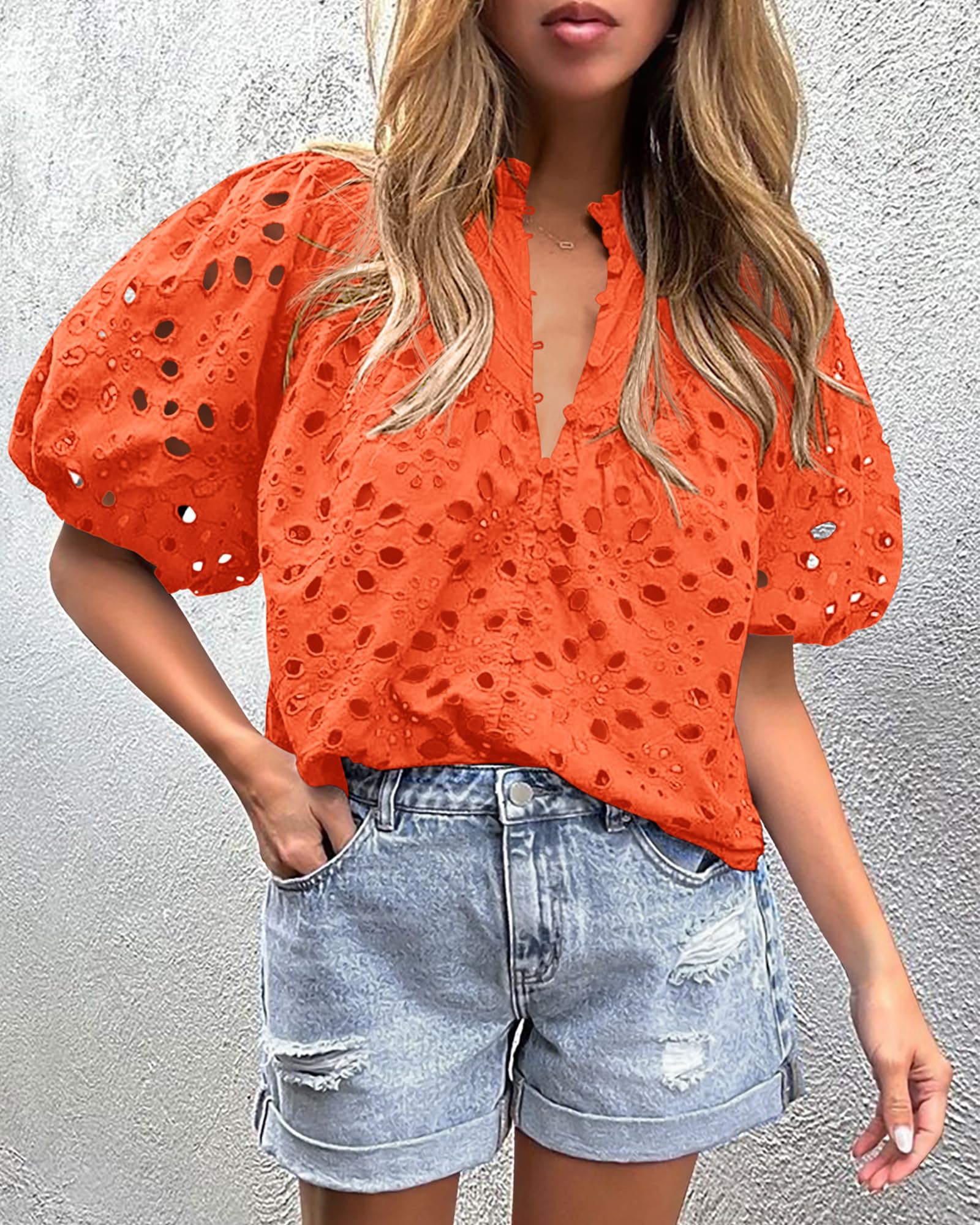 Womens Tops Boho Eyelet Puff Sleeve Blouse, Orange,S