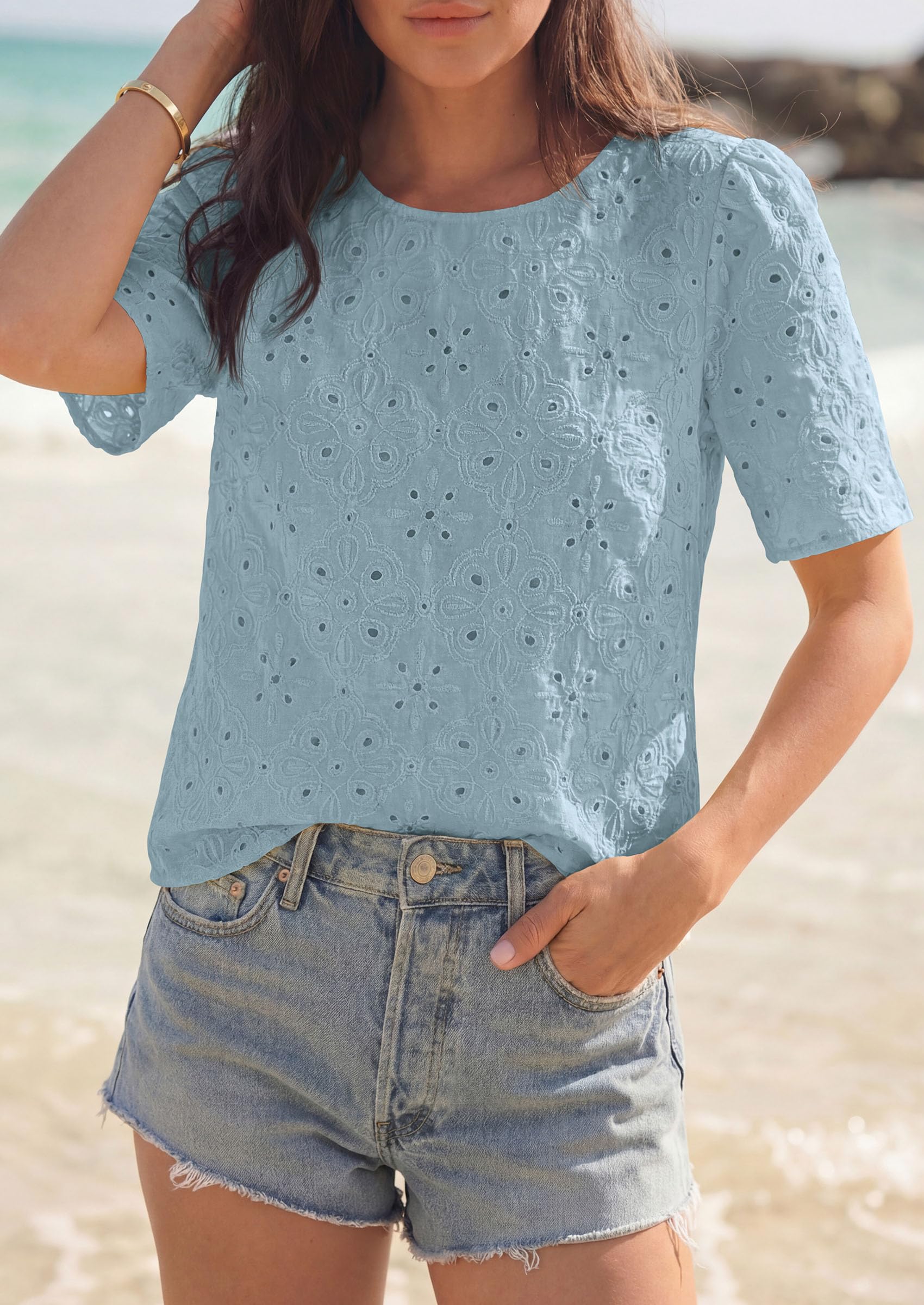Women's Embroidered Eyelet Short Sleeve Blouse, Dusty Blue,XS