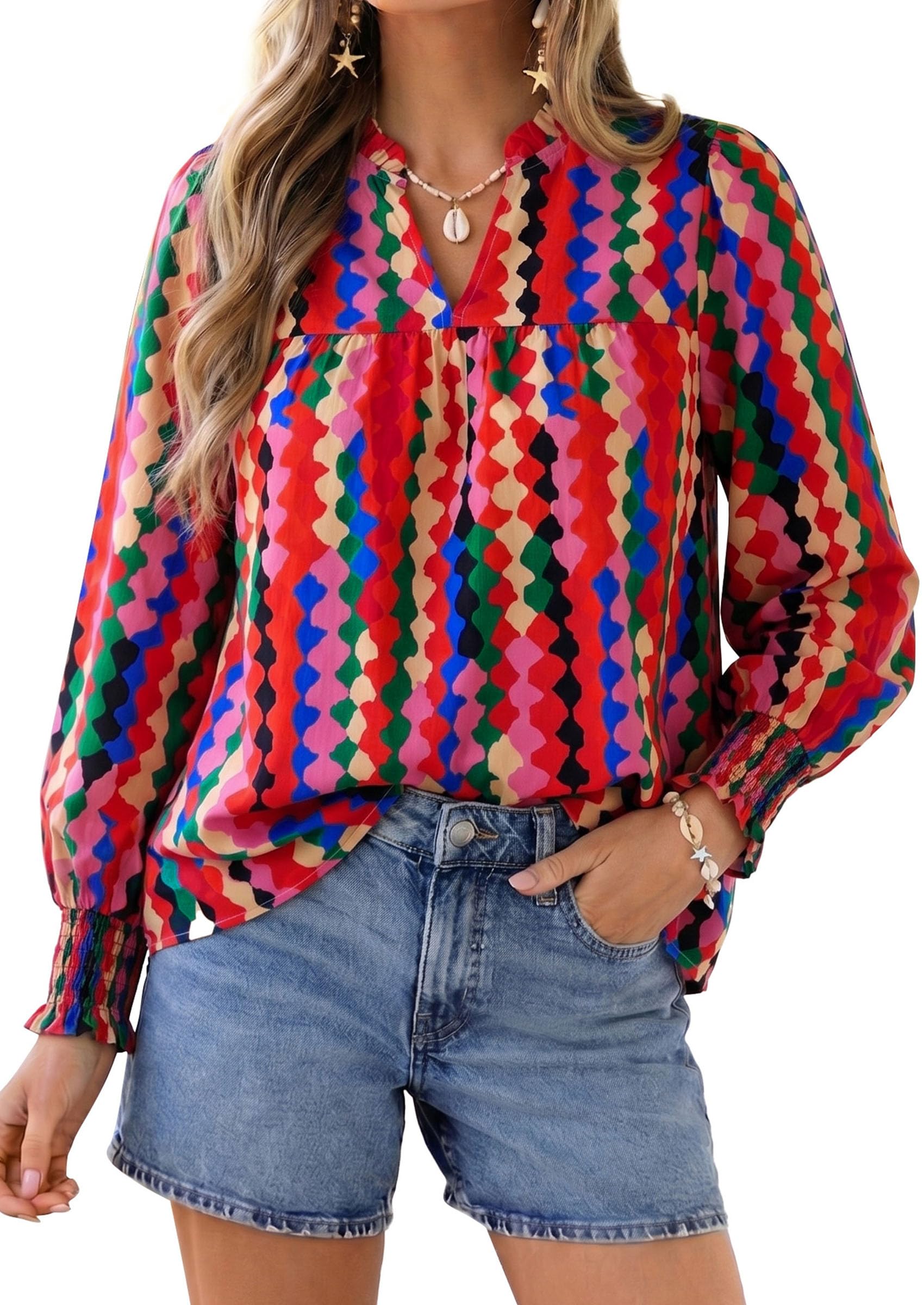 Women's Boho Floral Blouses Dressy Casual Multicolored,S