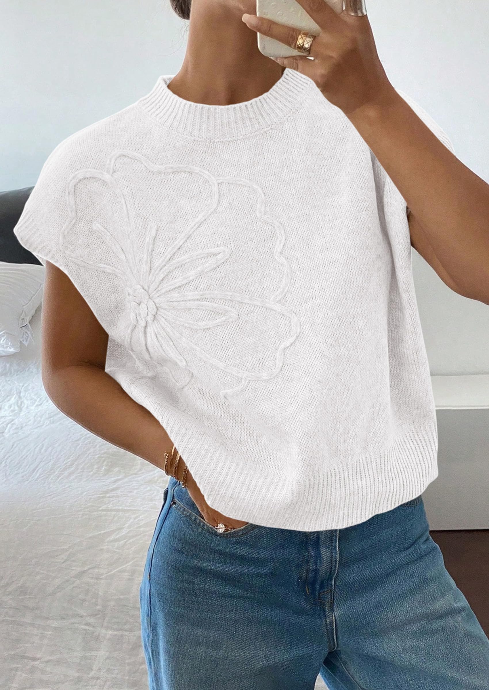Women's Summer Short Cap Sleeve Sweater Vest (White,S)