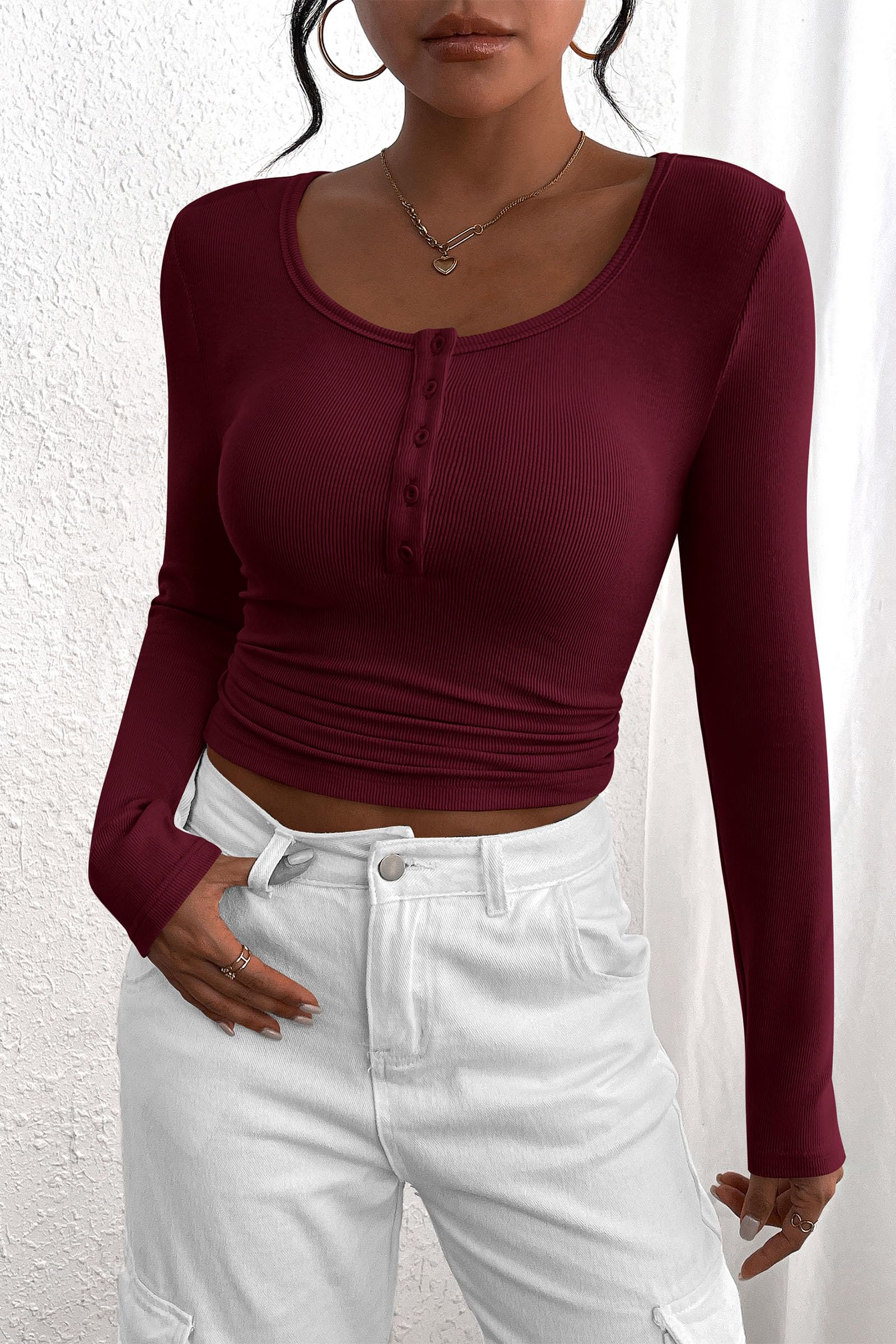 Women's Fall Long Sleeve Henley T Shirts Wine Red