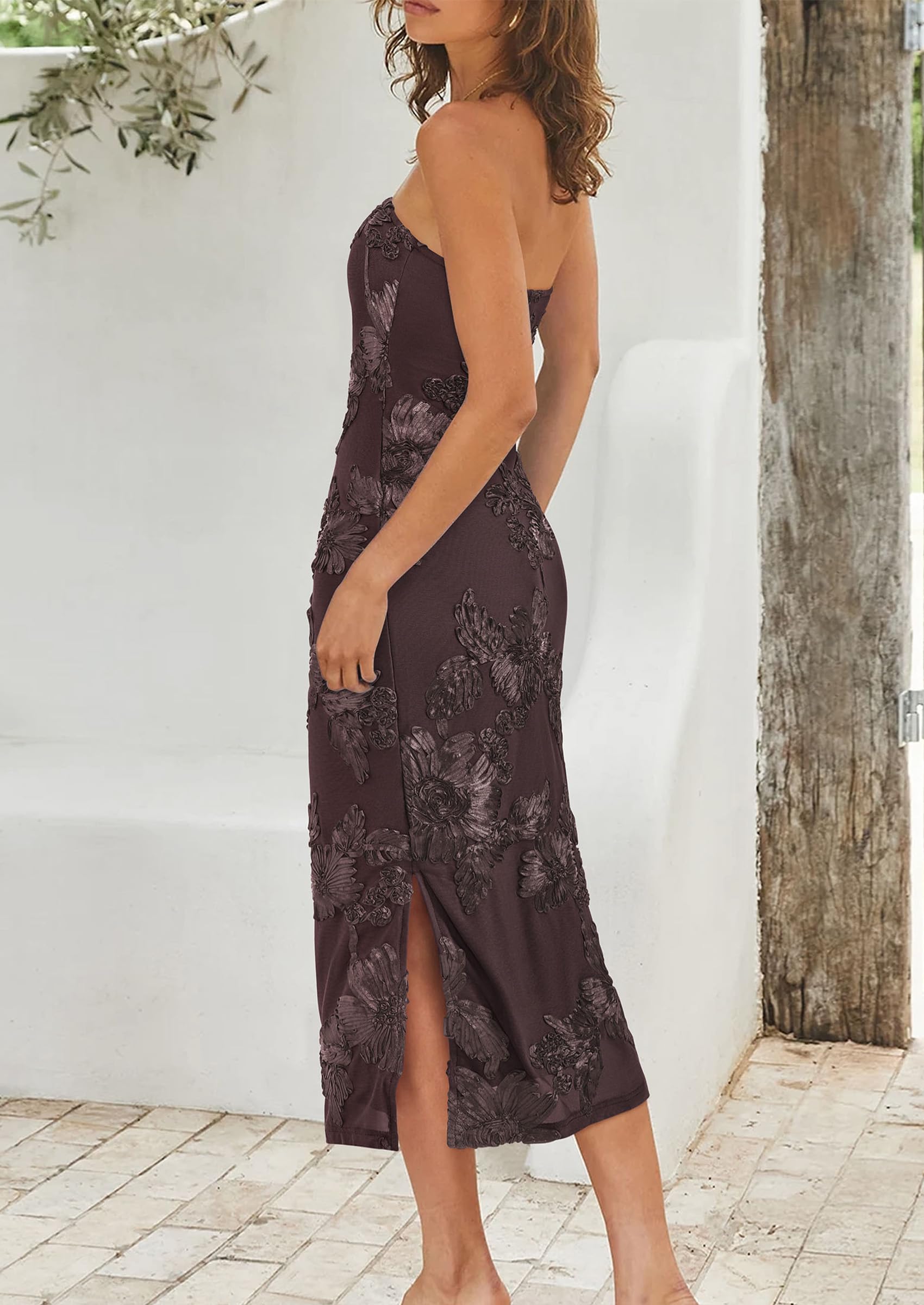 Women's Summer Wedding Guest Floral Midi Dress, Coffee,XS