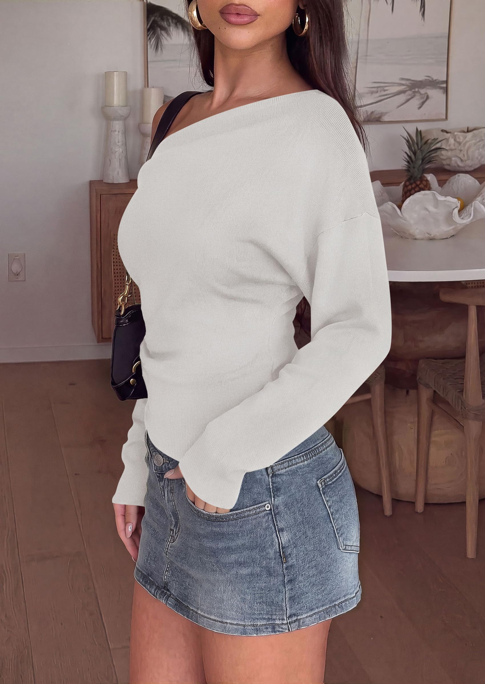 Womens Fall Long Sleeve Off Shoulder Sweater,White,S