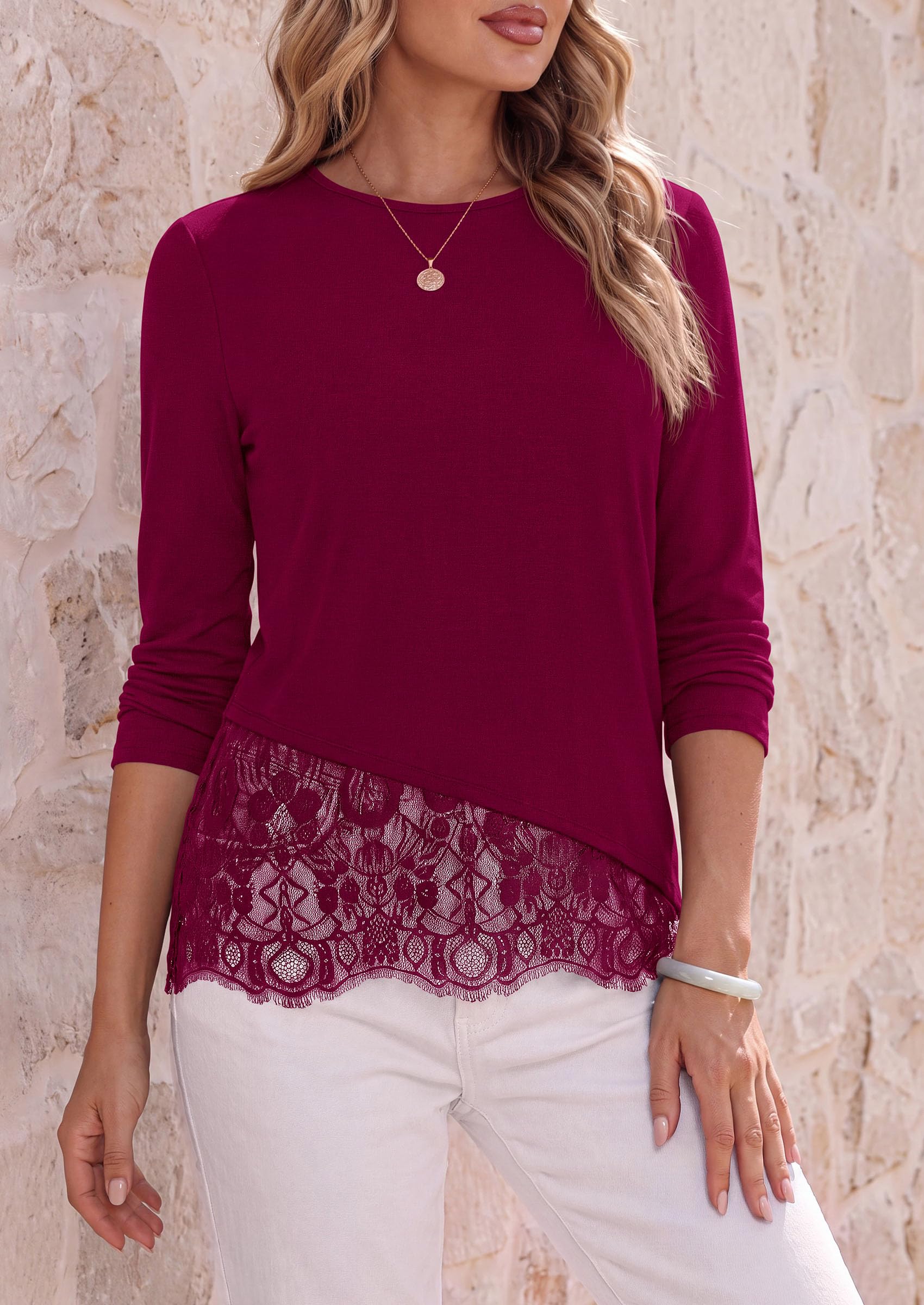 Women's Lace Patchwork Long Sleeve Shirts,Wine Red,S
