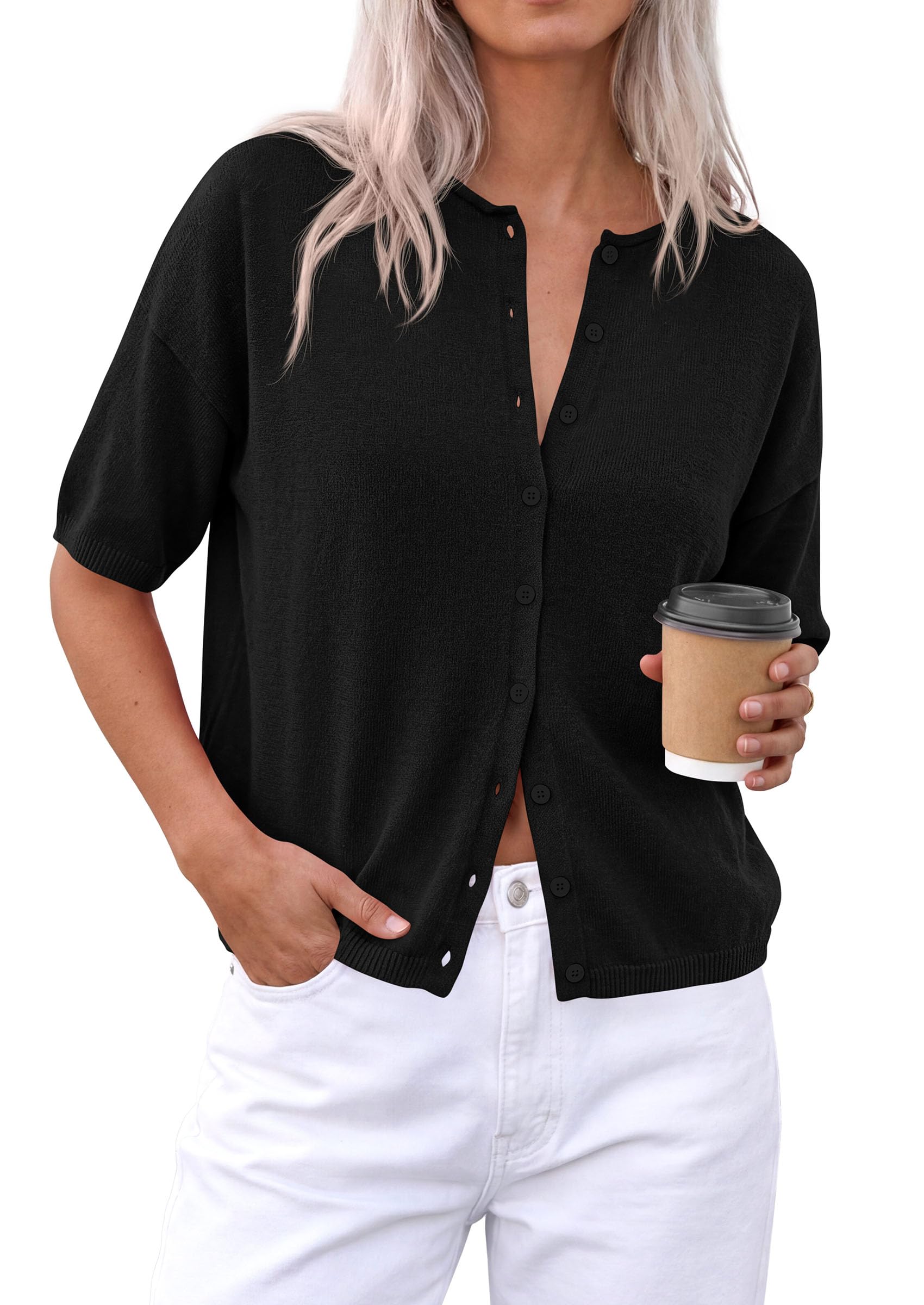 Women's Short Sleeve Cardigan Sweaters (Black,Small)