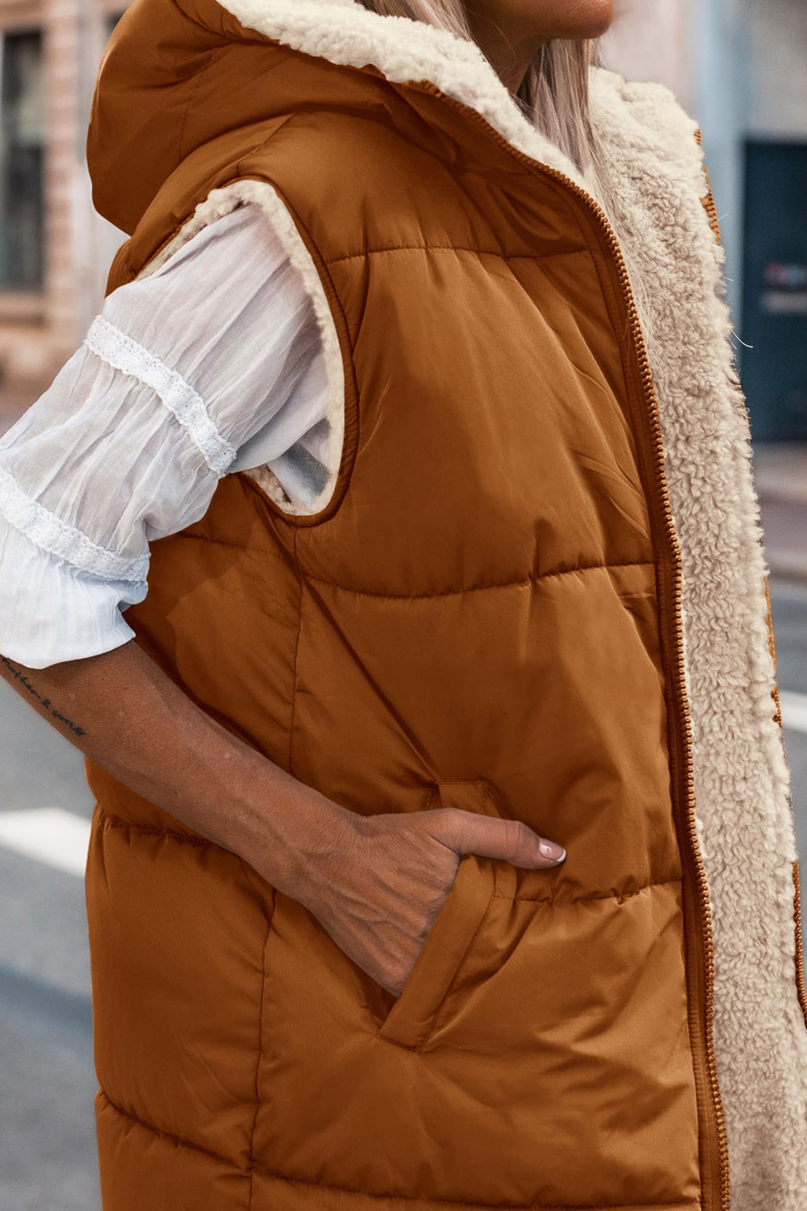 Women's Winter Reversible Fleece Long Vests(Brown,S)