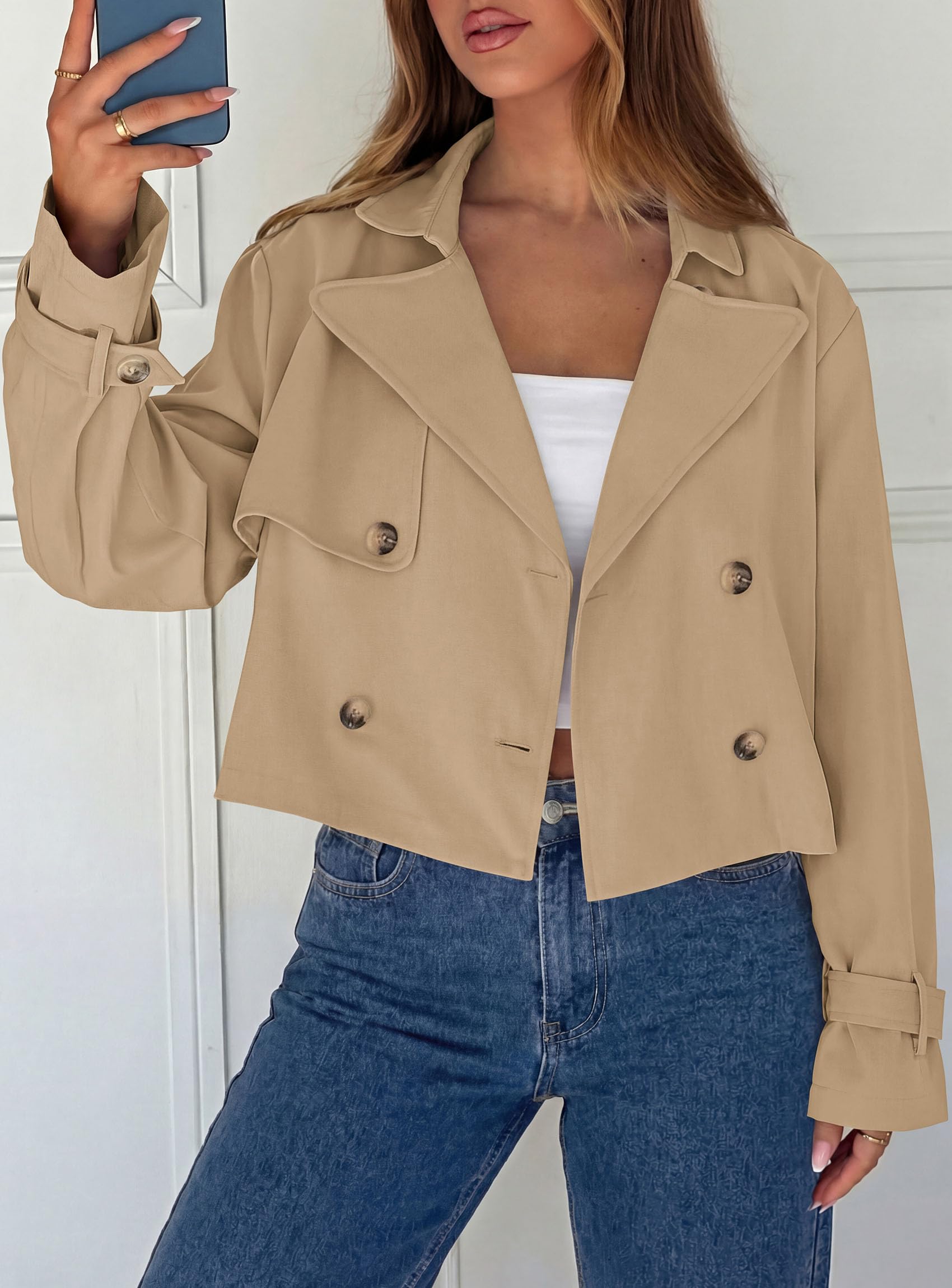 Cropped Trench Coat For Women Short Jacket,Khaki,S