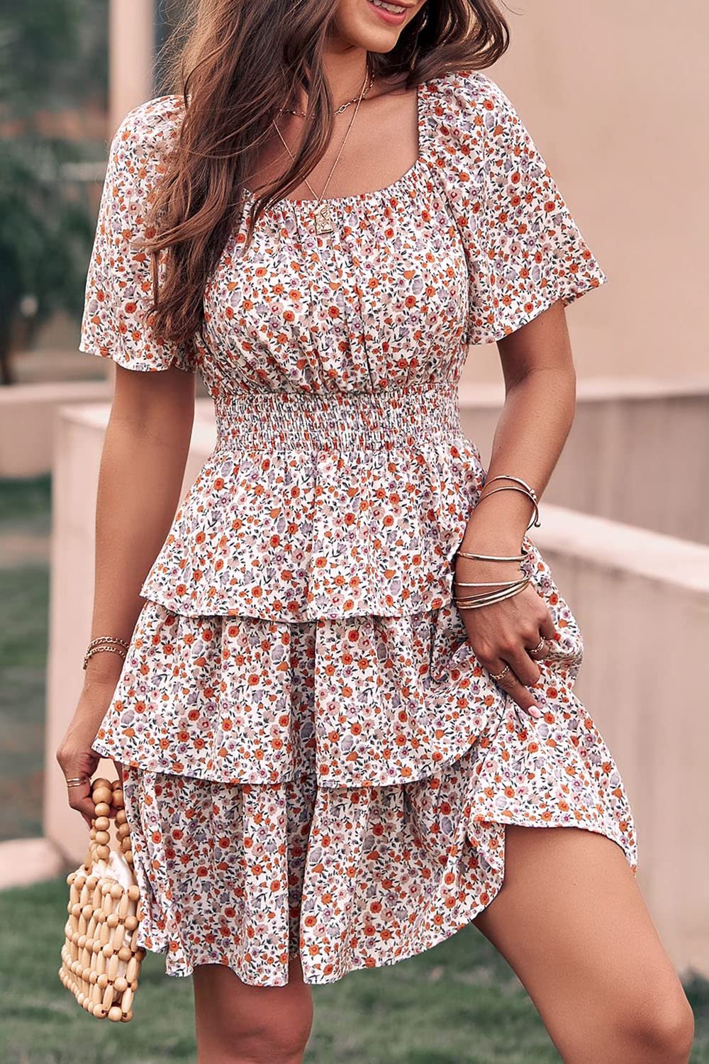 Women's 2025 Floral Summer Short Dress Square Neck Short Sleeve Tiered Ruffle Boho Swing Dresses (White,Small)