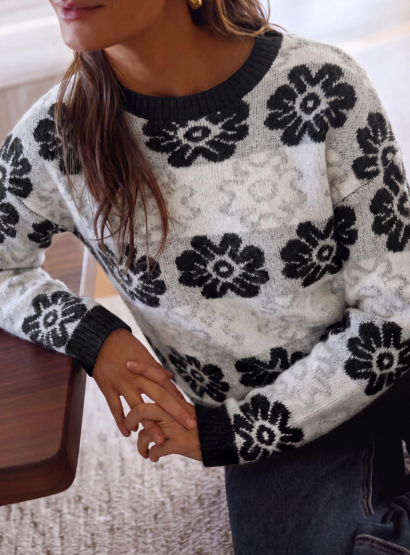 Women's Floral Crewneck Sweater Knit Pullover,Grey,S