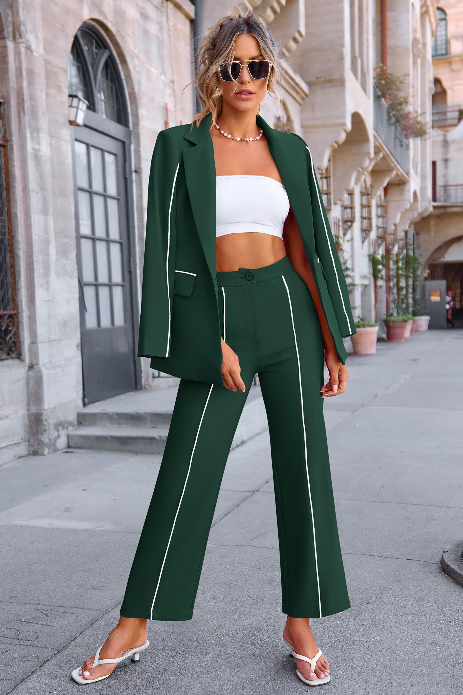 Women's 2 Piece Blazer Business Casual Outfits(Dark Green,L)