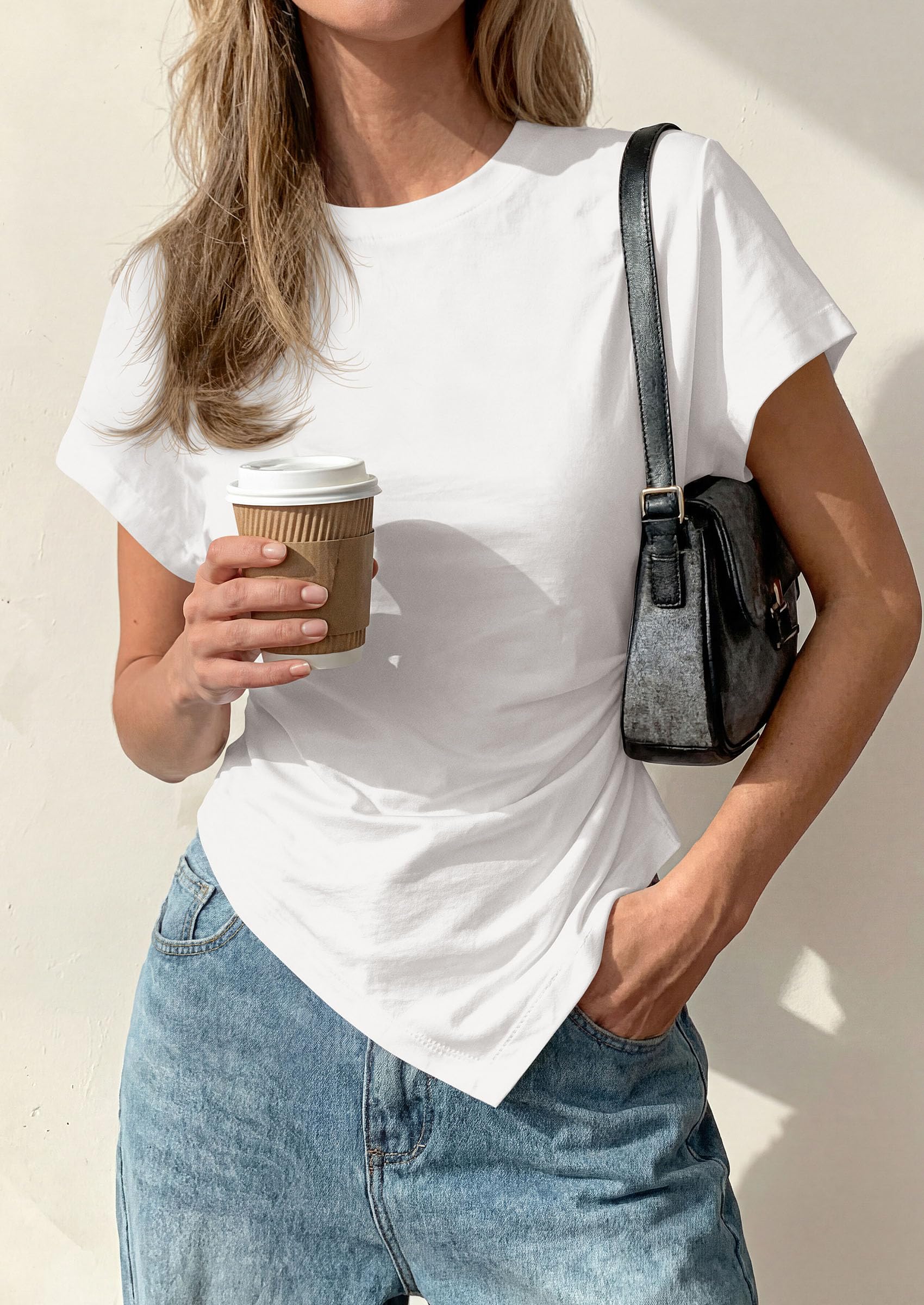 Womens Asymmetrical Summer Short Sleeve Tops,White,S