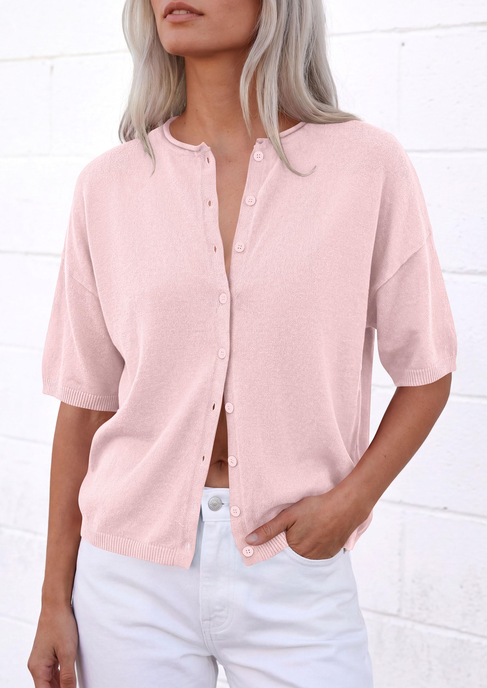 Women's Short Sleeve Cardigan Sweaters (Pink,Small)