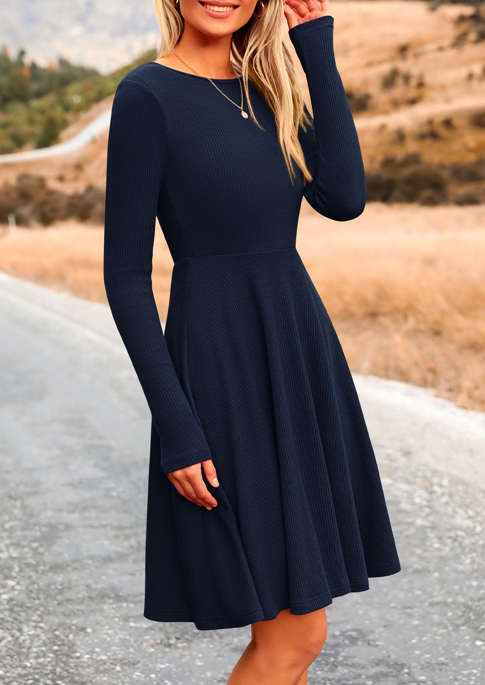 Women's Fall Casual Long Sleeve Short Dress (Navy,S)