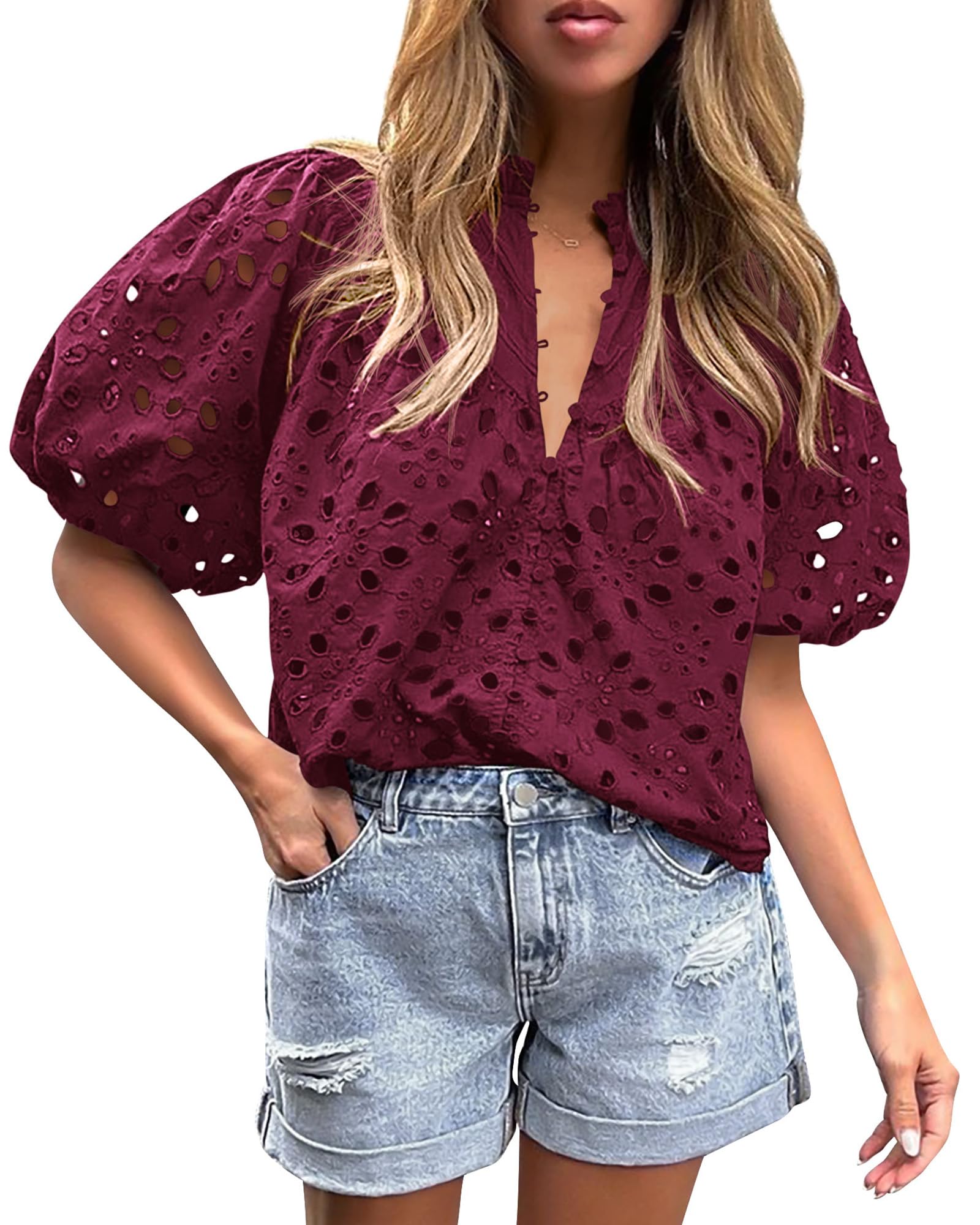 Womens Tops Boho Eyelet Puff Sleeve Blouse, Wine Red,S