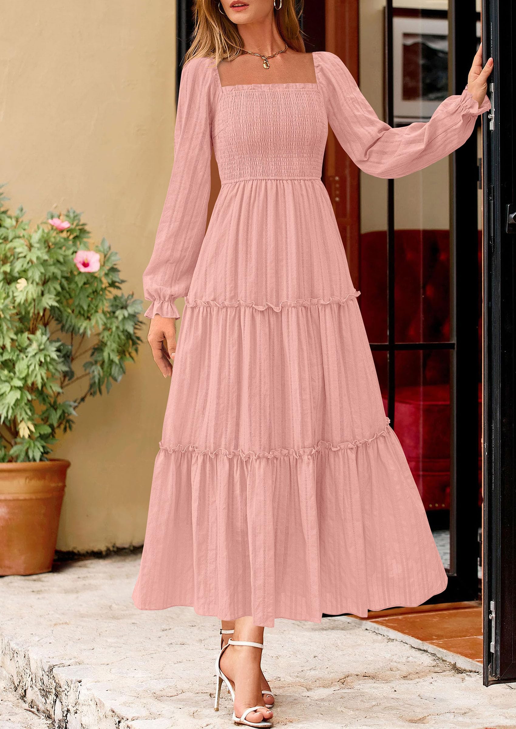 Women's Long Sleeve Ruffle Flowy Maxi Dress,Pink,S