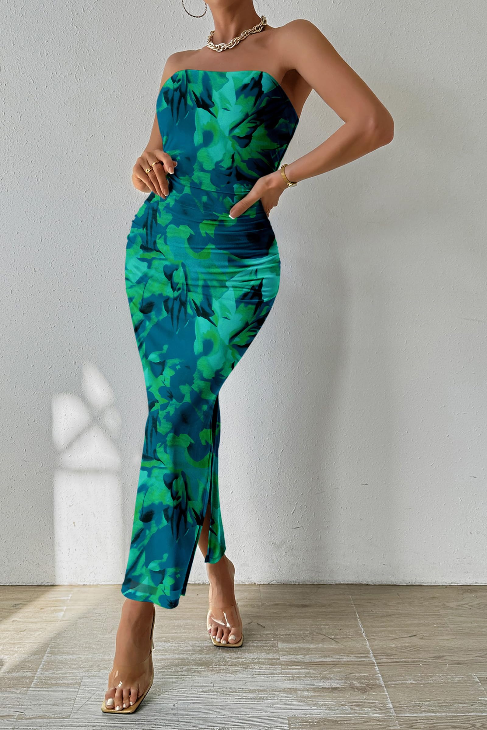 Womens Strapless Bodycon Maxi Dress, Green Big Floral,S