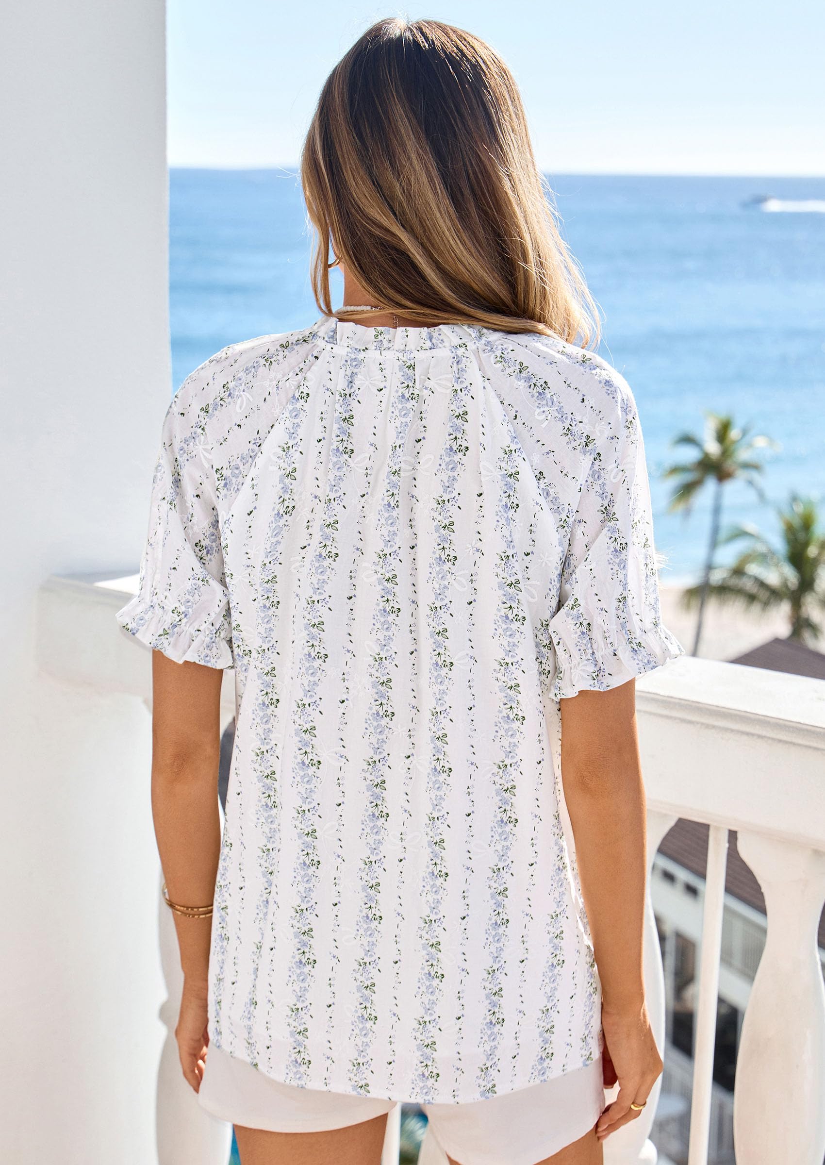 Womens Floral Short Sleeve Blouses,Striped and Flower,S
