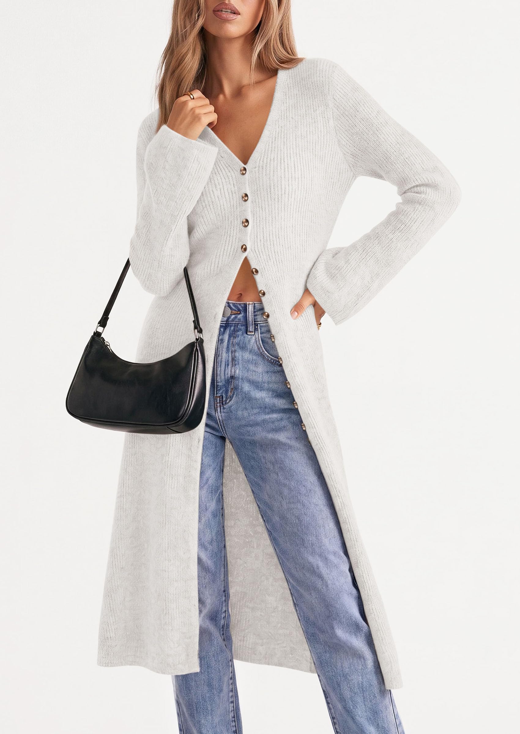 Women Long Cardigan Bell Sleeve Sweater Dress (White,S)