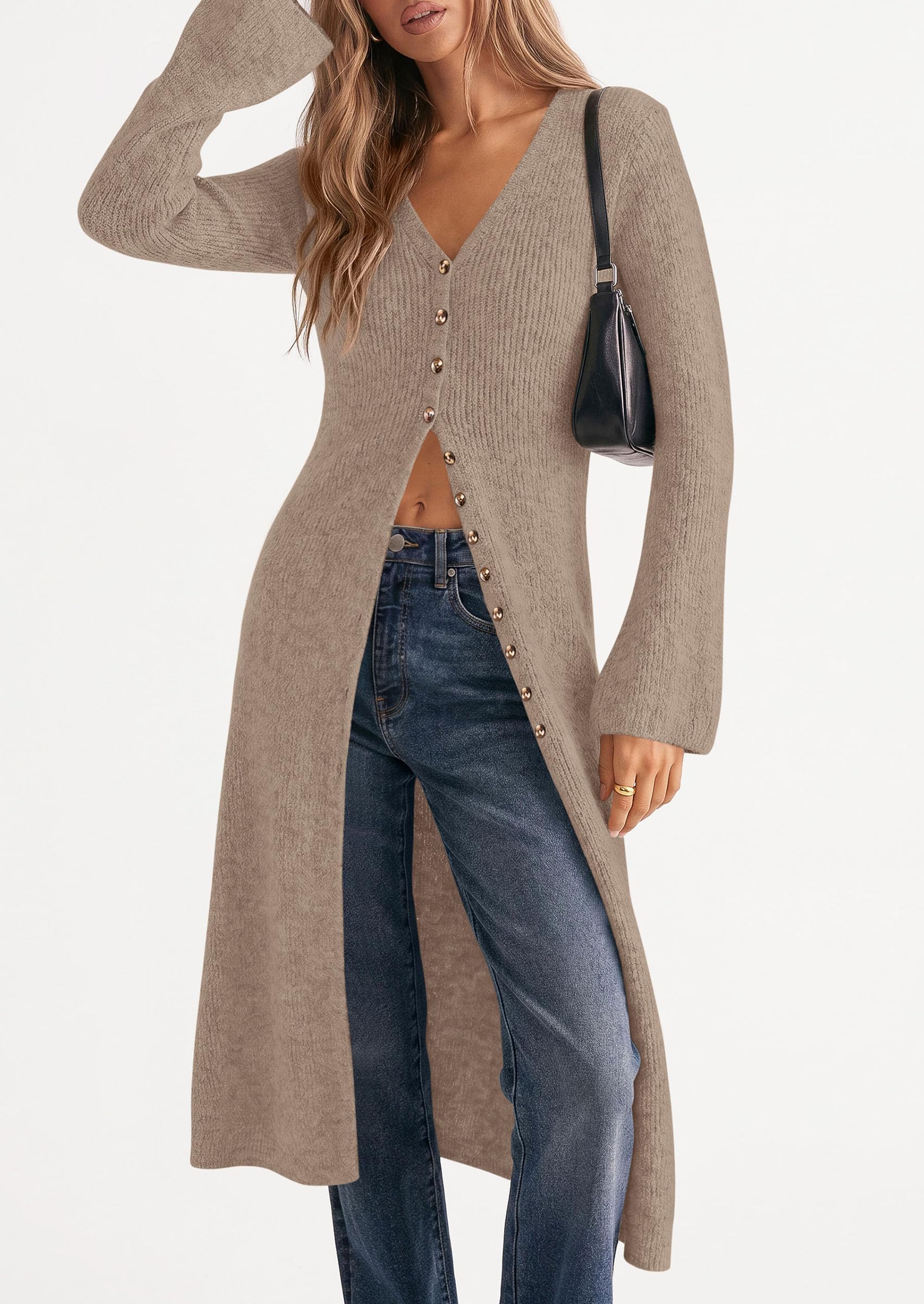 Women Long Cardigan Bell Sleeve Sweater Dress (Khaki,M)