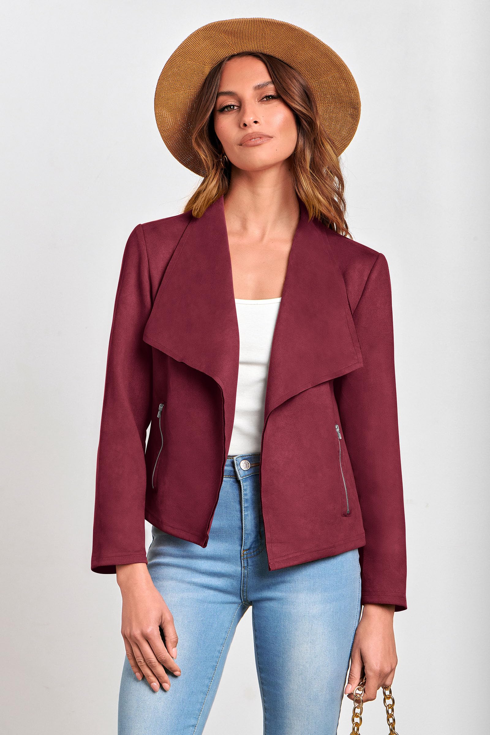 Women's Fall Fashion Faux Suede Jackets(Wine Red,Small)