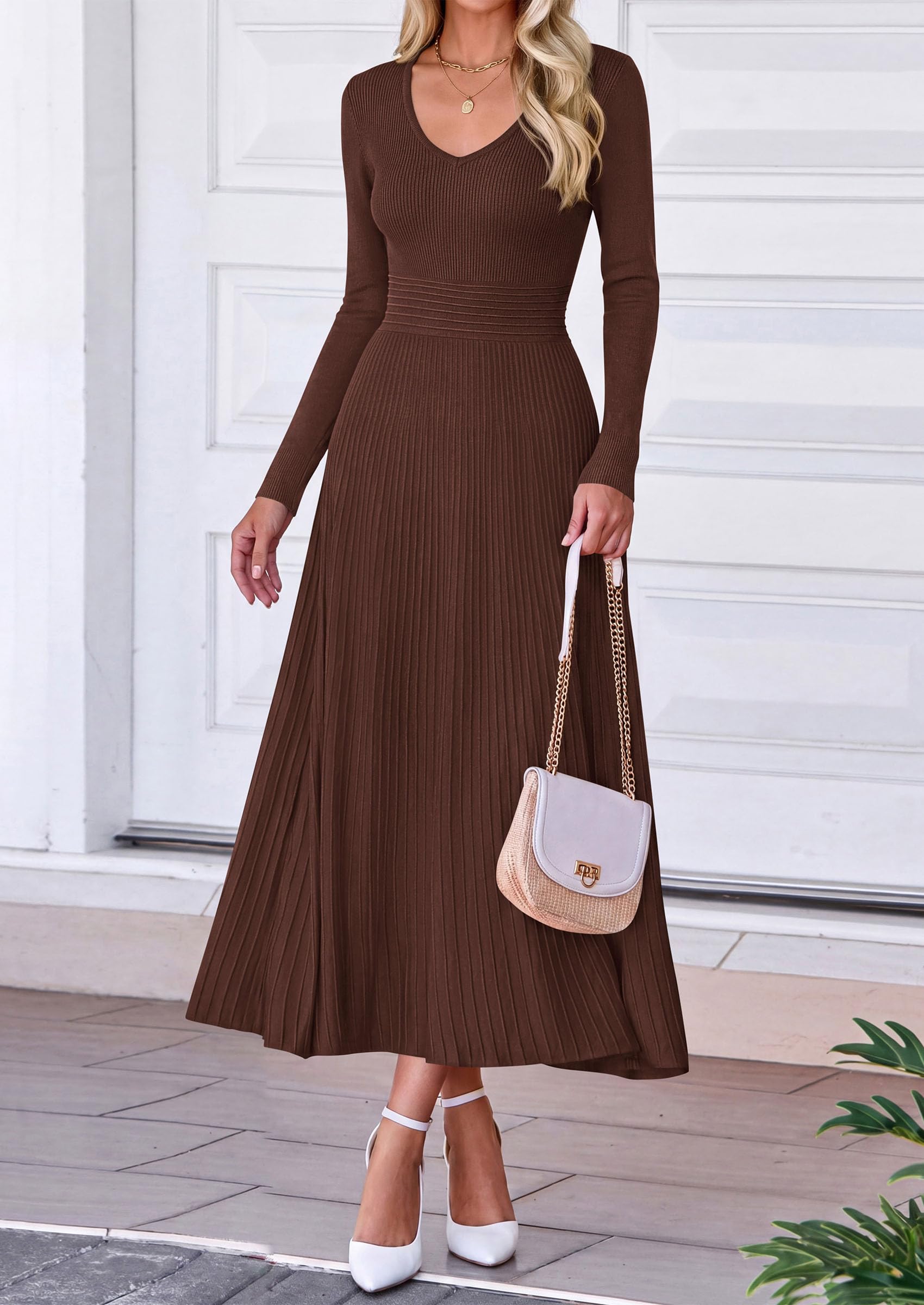 Women's Fall V Neck Pleated Midi Sweater Dress,Brown,M