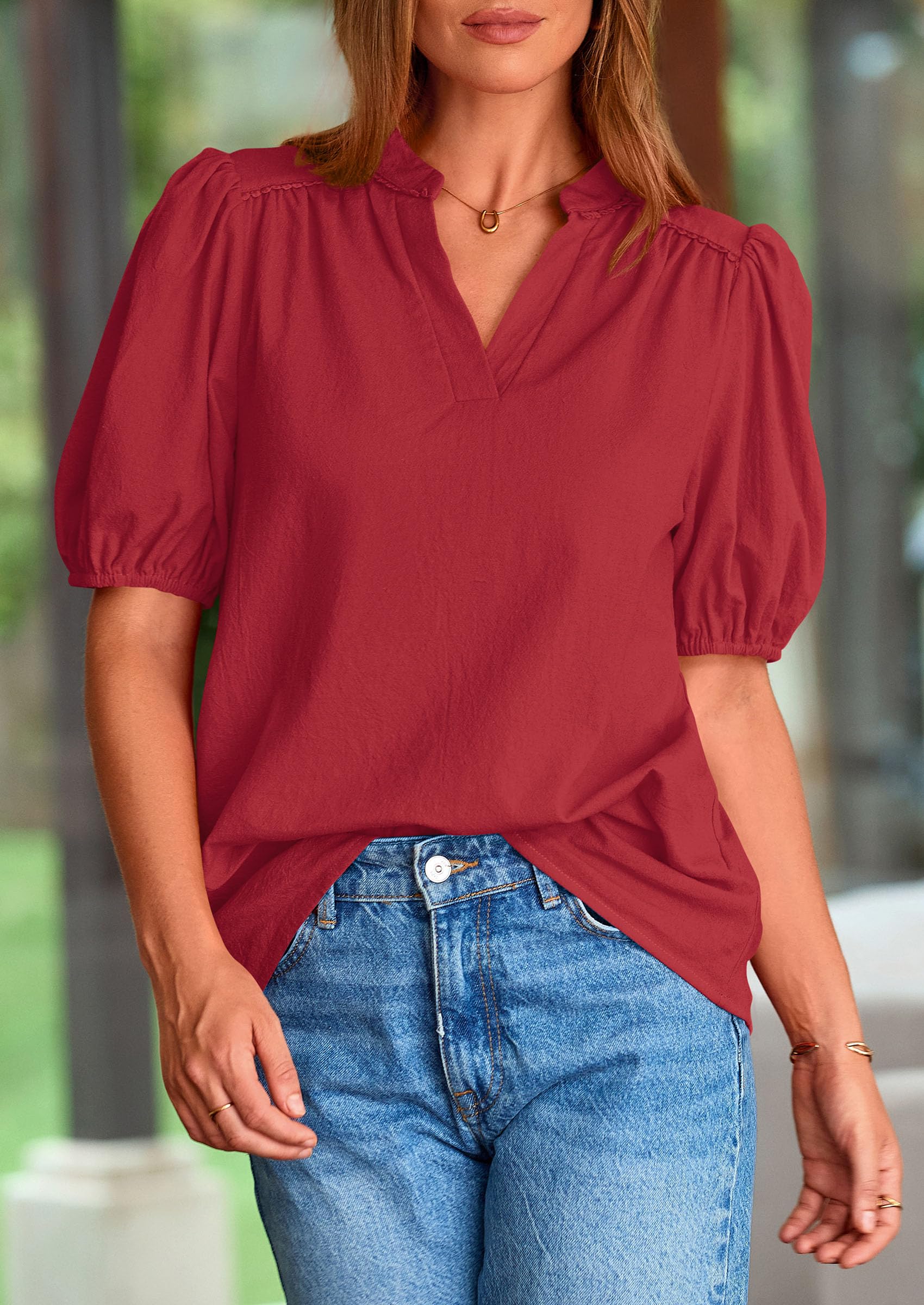 Womens Short Puff Sleeve V Neck Blouses,Dark Red,S