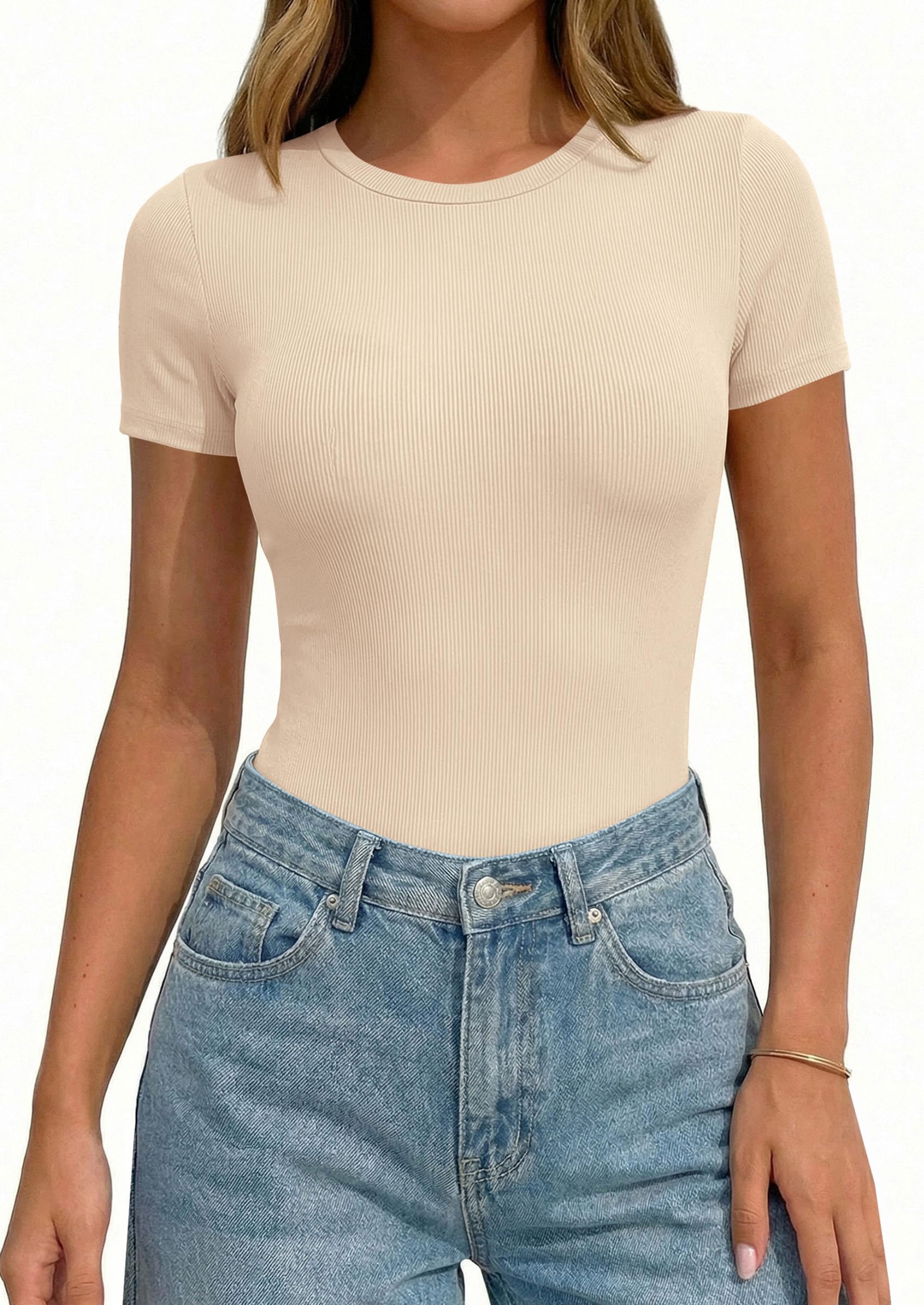 Body Suits for Womens Short Sleeve Summer Tops, Beige,XS
