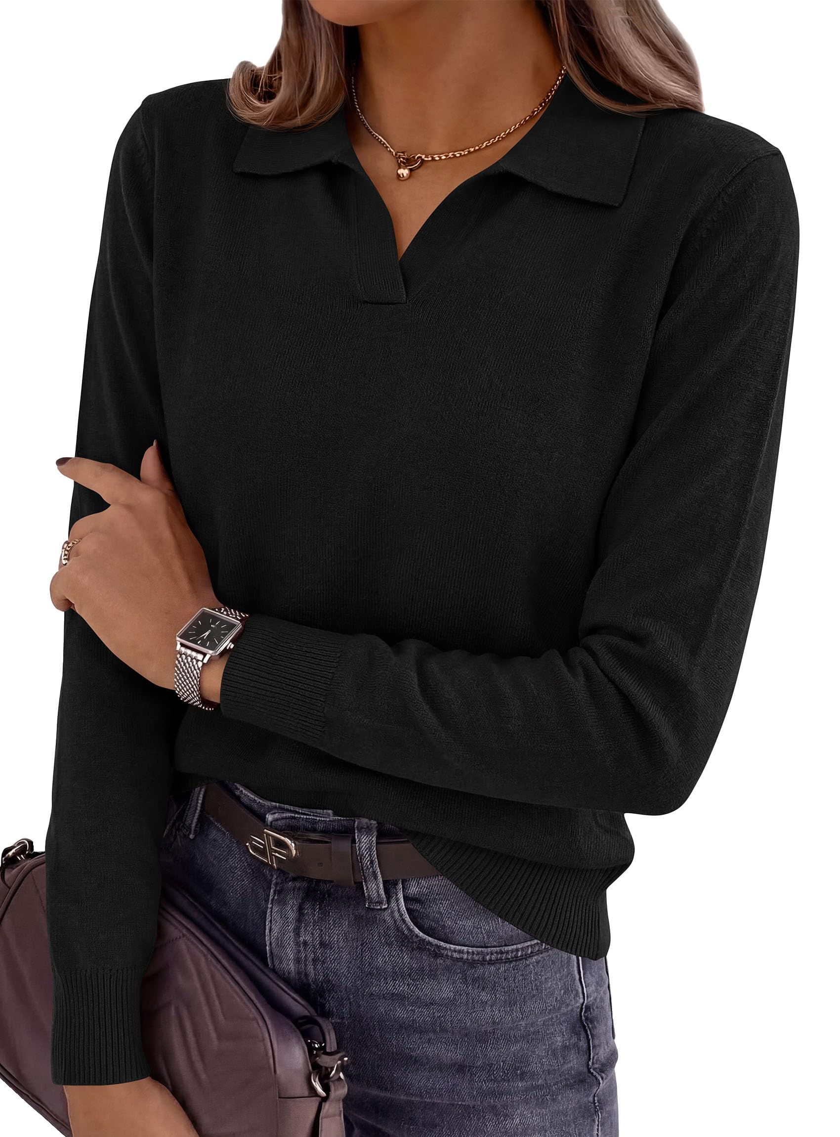 Womens Long Sleeve Collared Polo Sweater,Black,S
