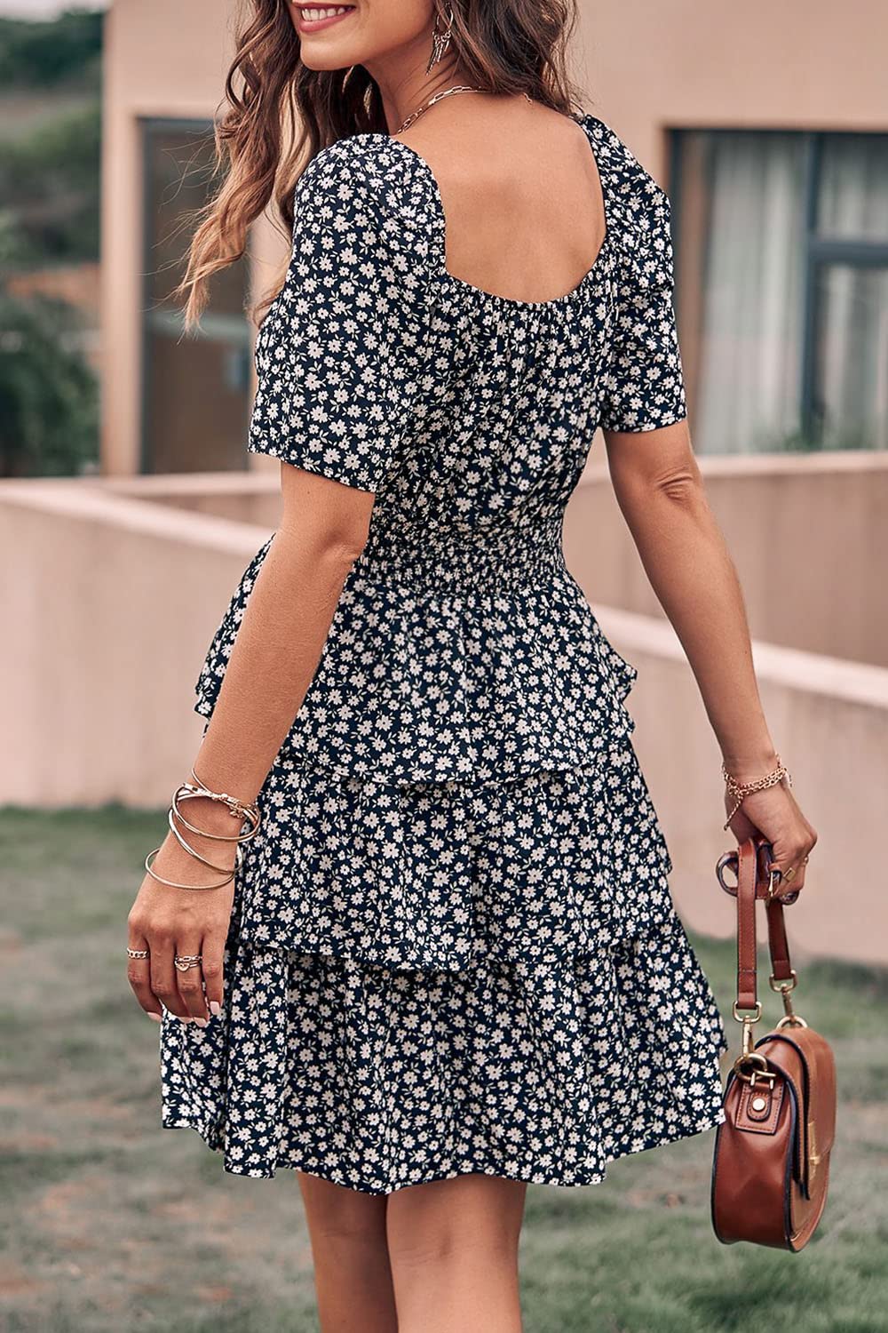 Women's 2025 Floral Summer Short Dress Square Neck Short Sleeve Tiered Ruffle Boho Swing Dresses (Black,Small)