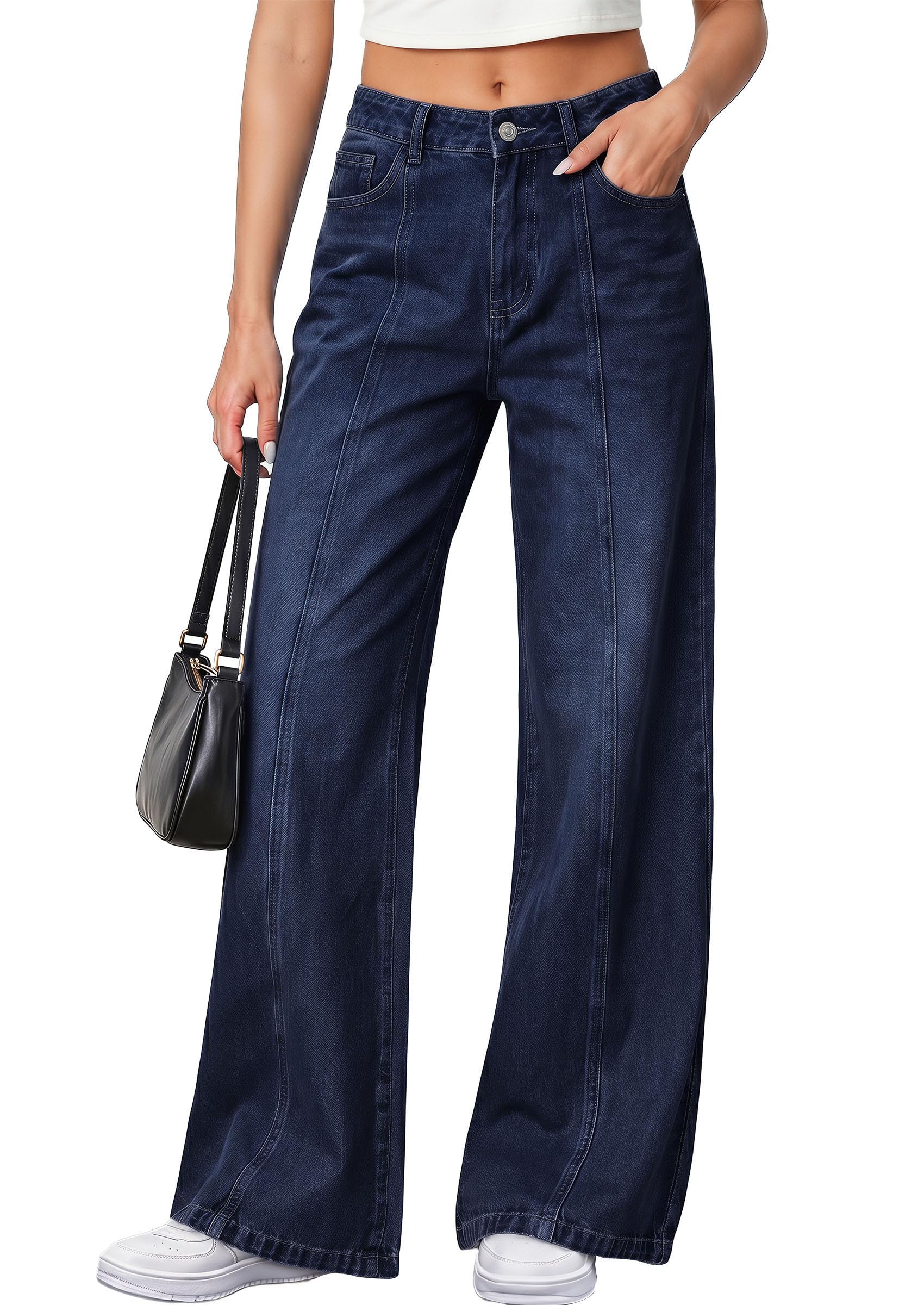Women's Wide Leg Jeans Stretchy Baggy Denim Pants,Navy Blue,4