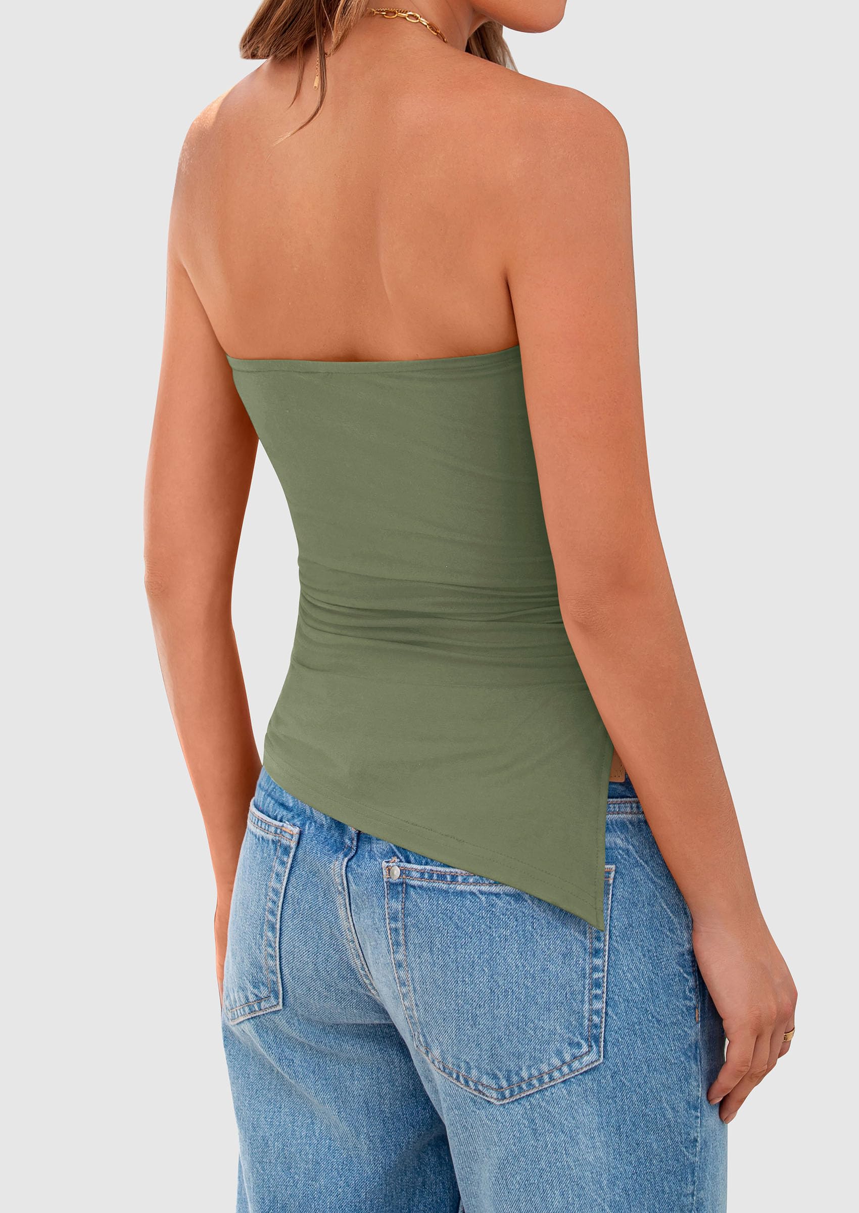 Women's Ruched Asymmetrical Strapless Tube Top, Sage Green,S