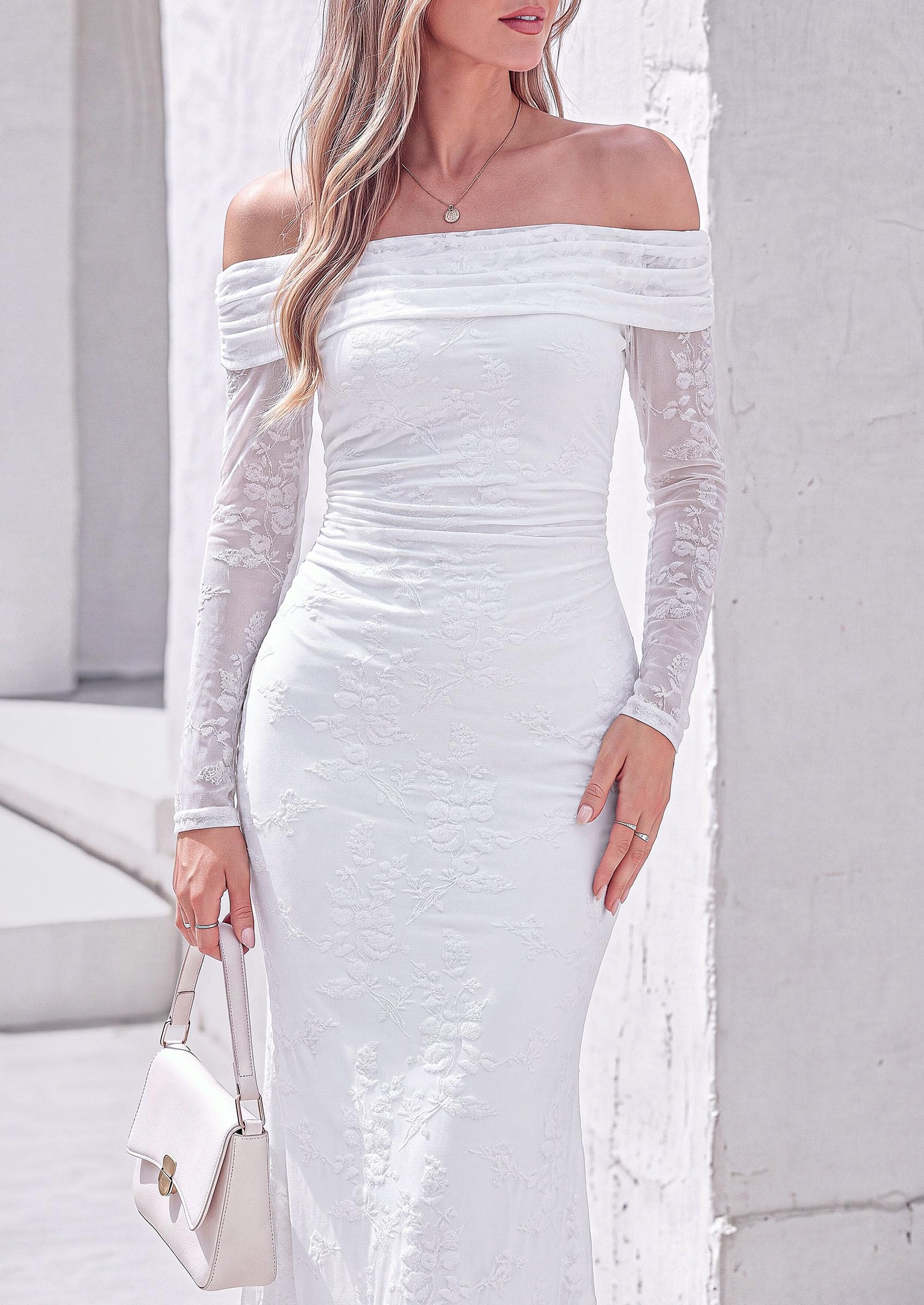 Womens Fall Off Shoulder Floral Maxi Wedding Guest Dress White