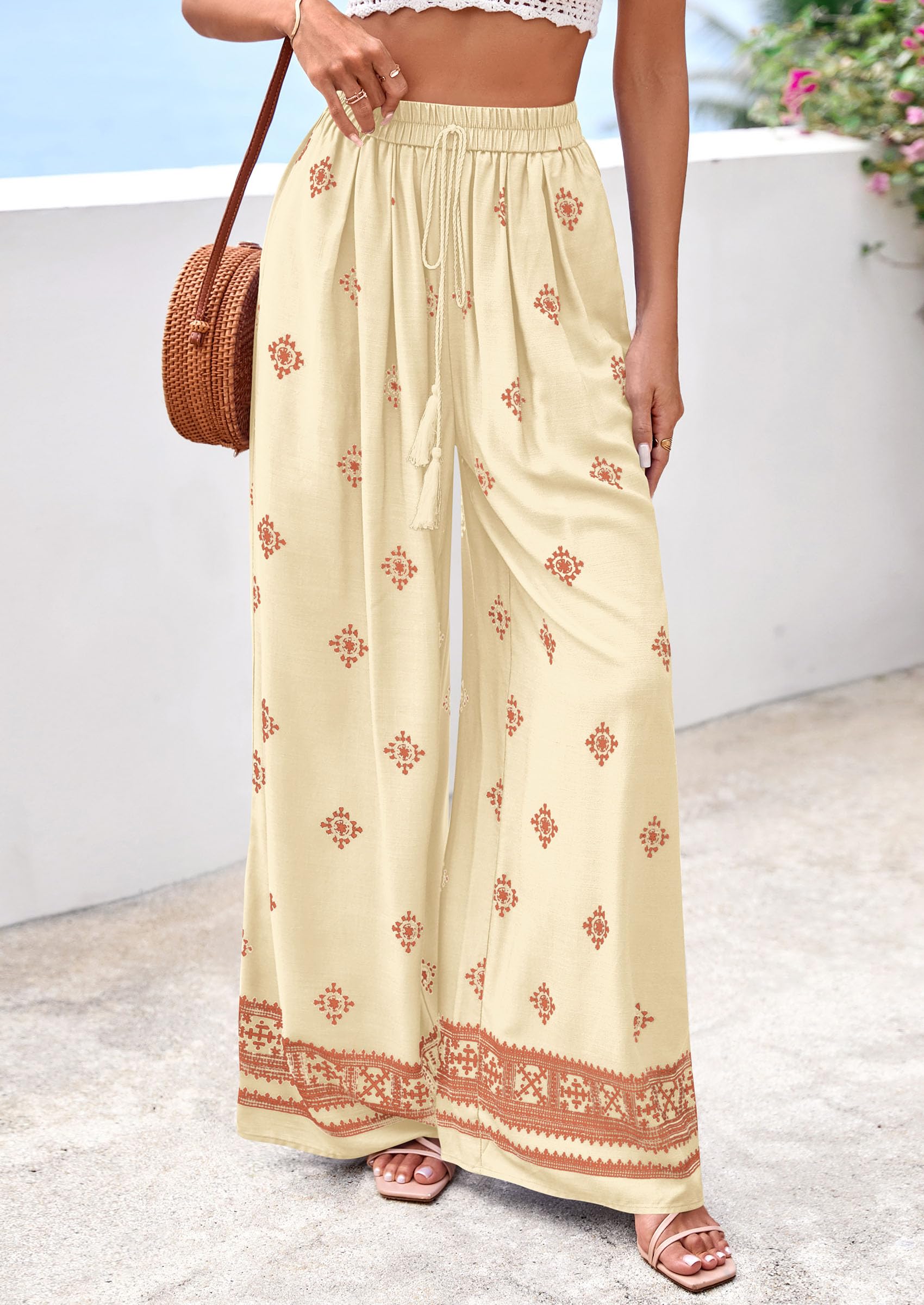 Wide Leg Flowy Boho Pants for Women, Light Yellow Brick Red,S