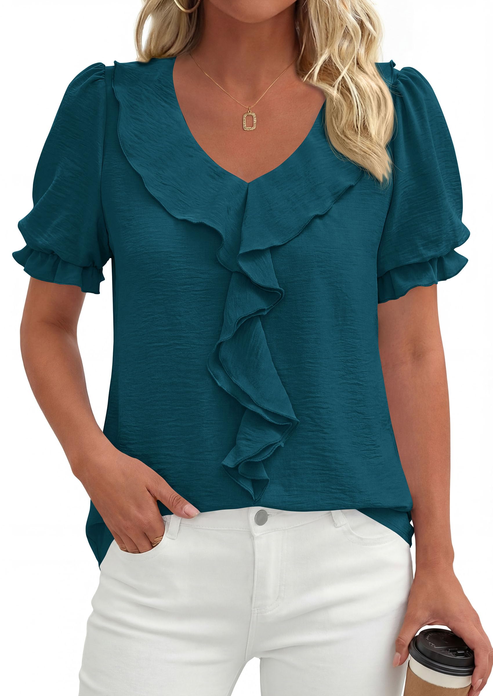 Women's Summer Ruffle Dressy Casual Blouses (Dark Blue,S)