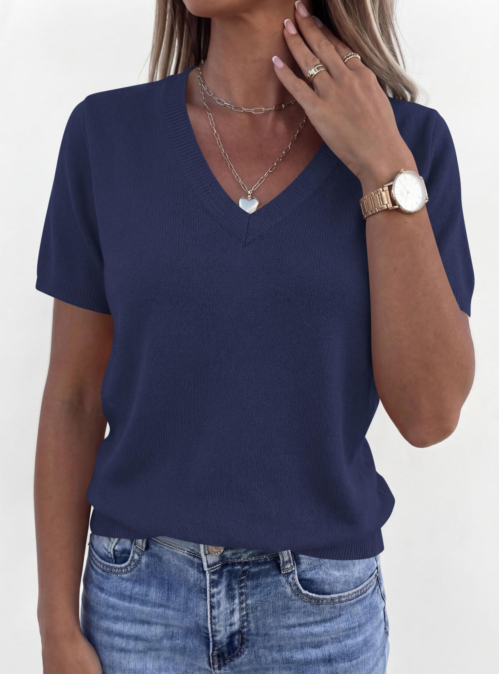 Womens Short Sleeve Sweater V Neck Tops,Navy Blue,S