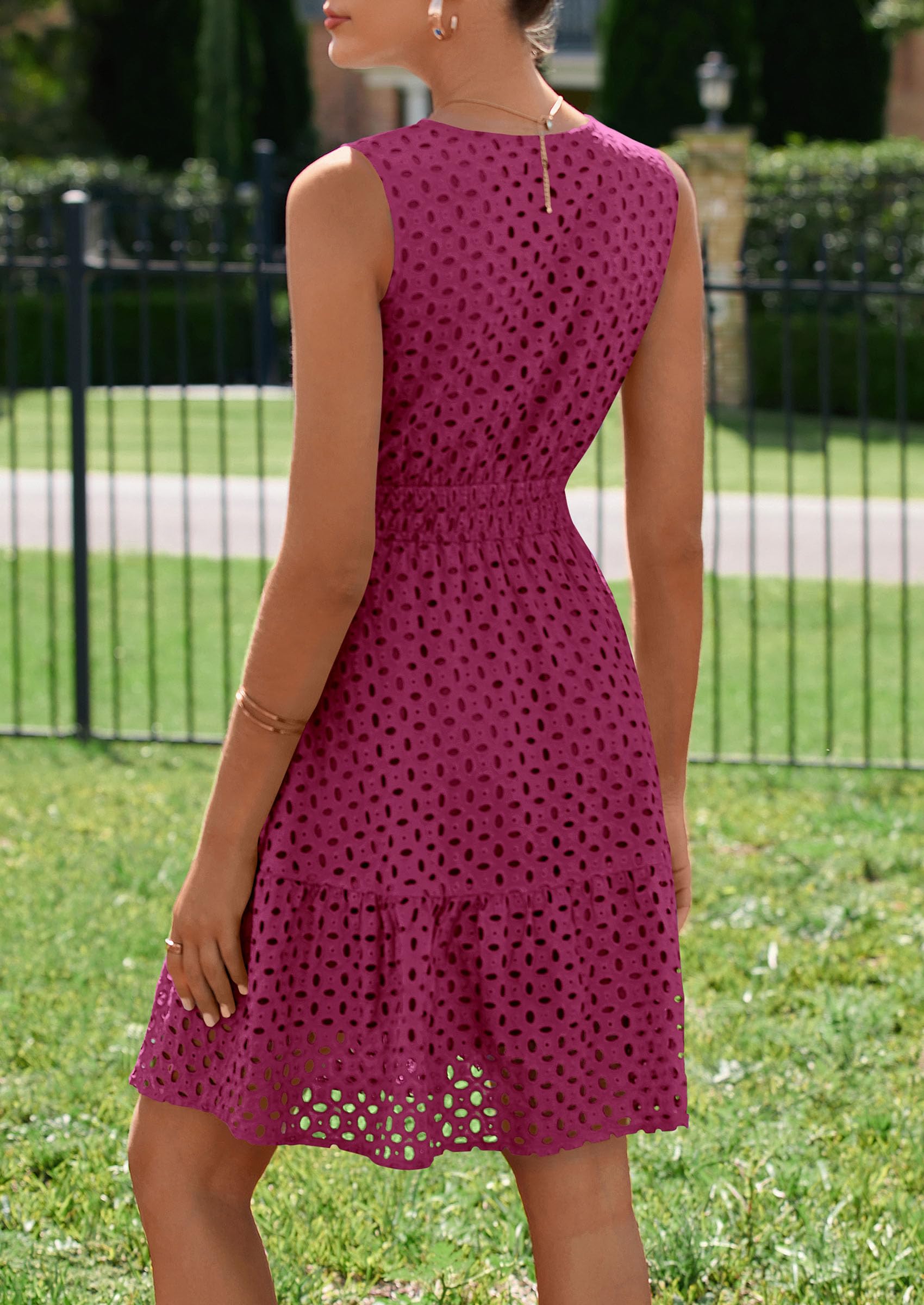 Women's Summer Eyelet A Line Short Dresses,Burgundy,S