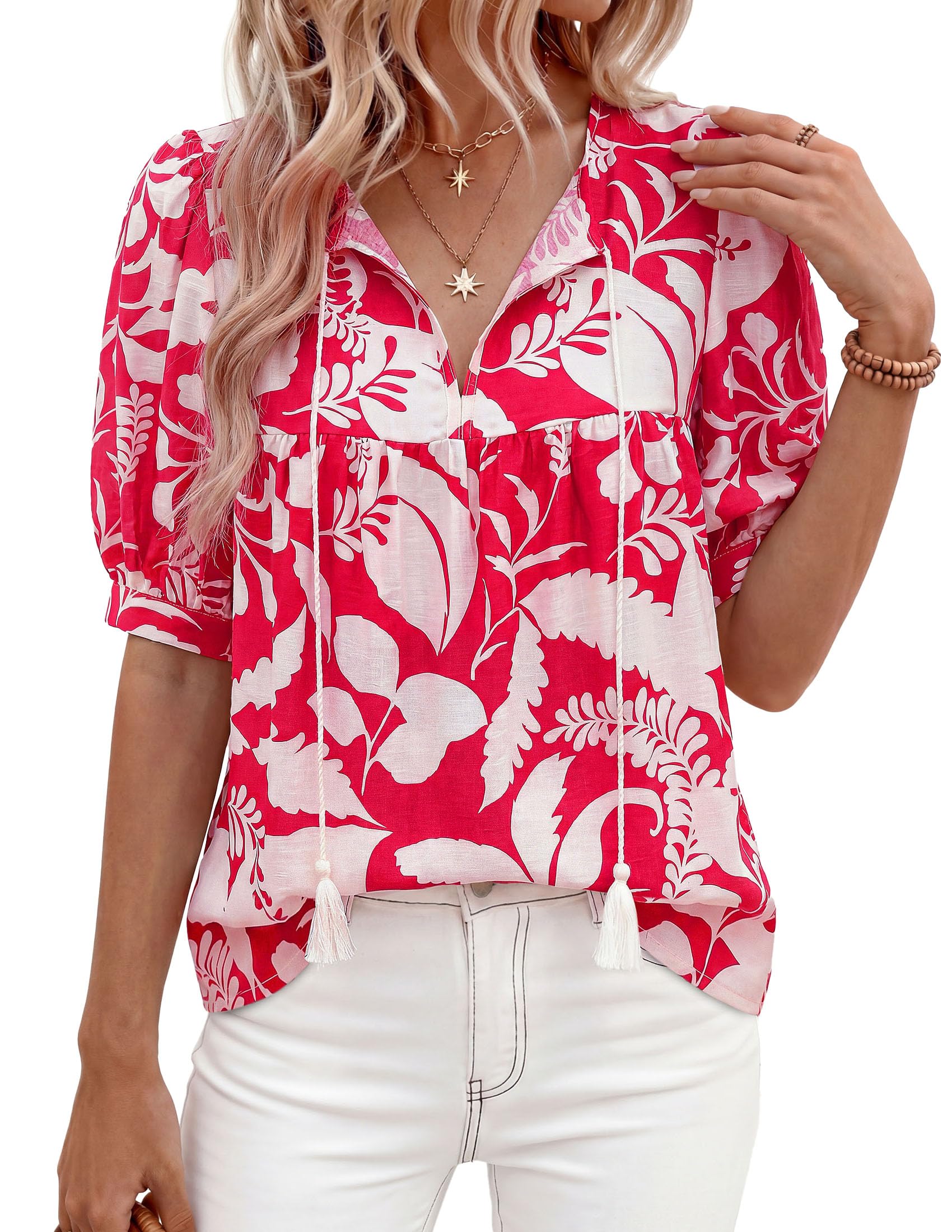 Womens Summer Boho Blouses Dressy Casual Red Flower,S