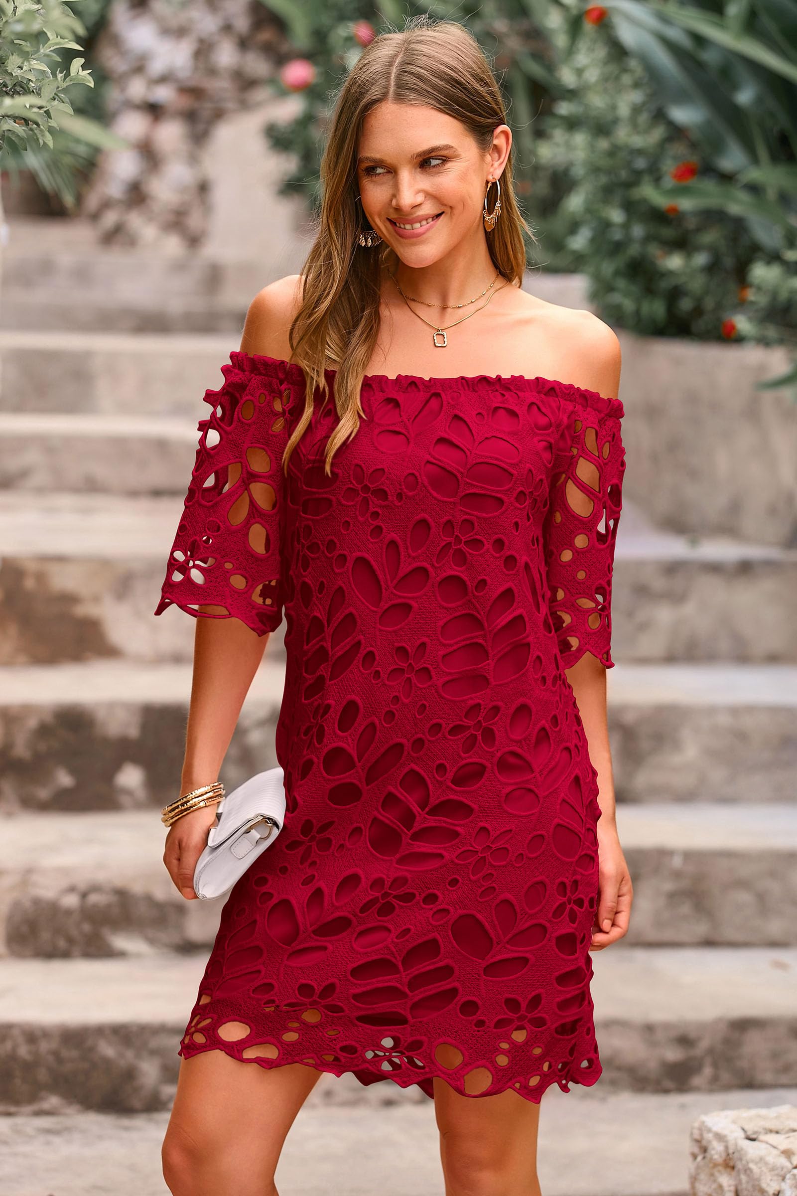 Women's Boho Off the Shoulder Lace Mini Dress, Wine Red,S