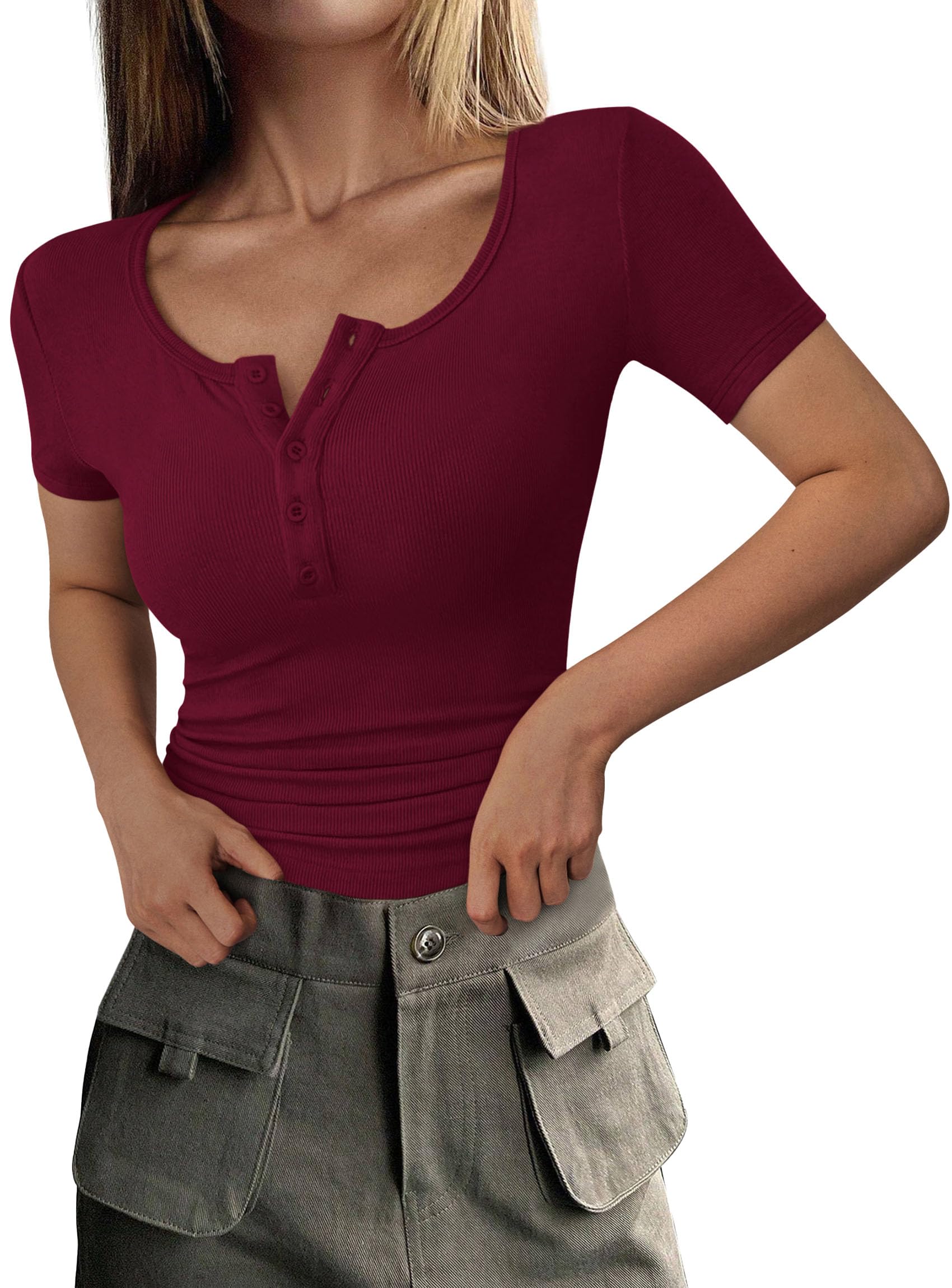 Women's Summer Tops Henley Tee Shirts (Wine Red,X-Small)