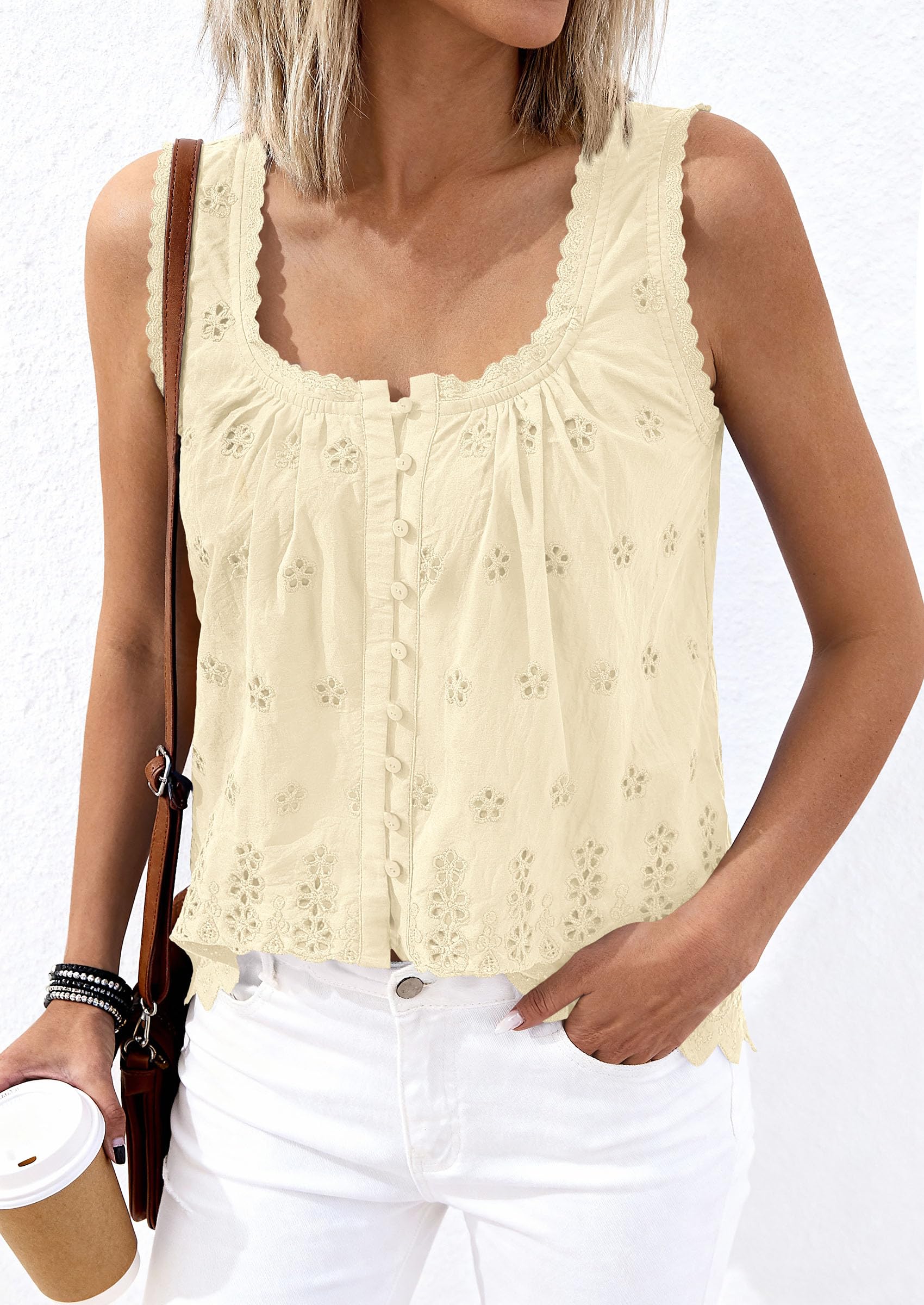 Women's Lace Tank Top Embroidery Eyelet Blouses,Beige,S