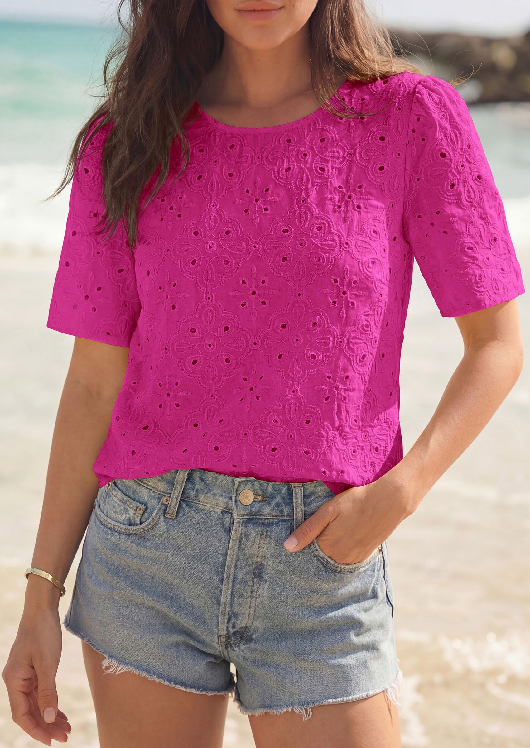 Women's Embroidered Eyelet Short Sleeve Blouse, Hot Pink,XS
