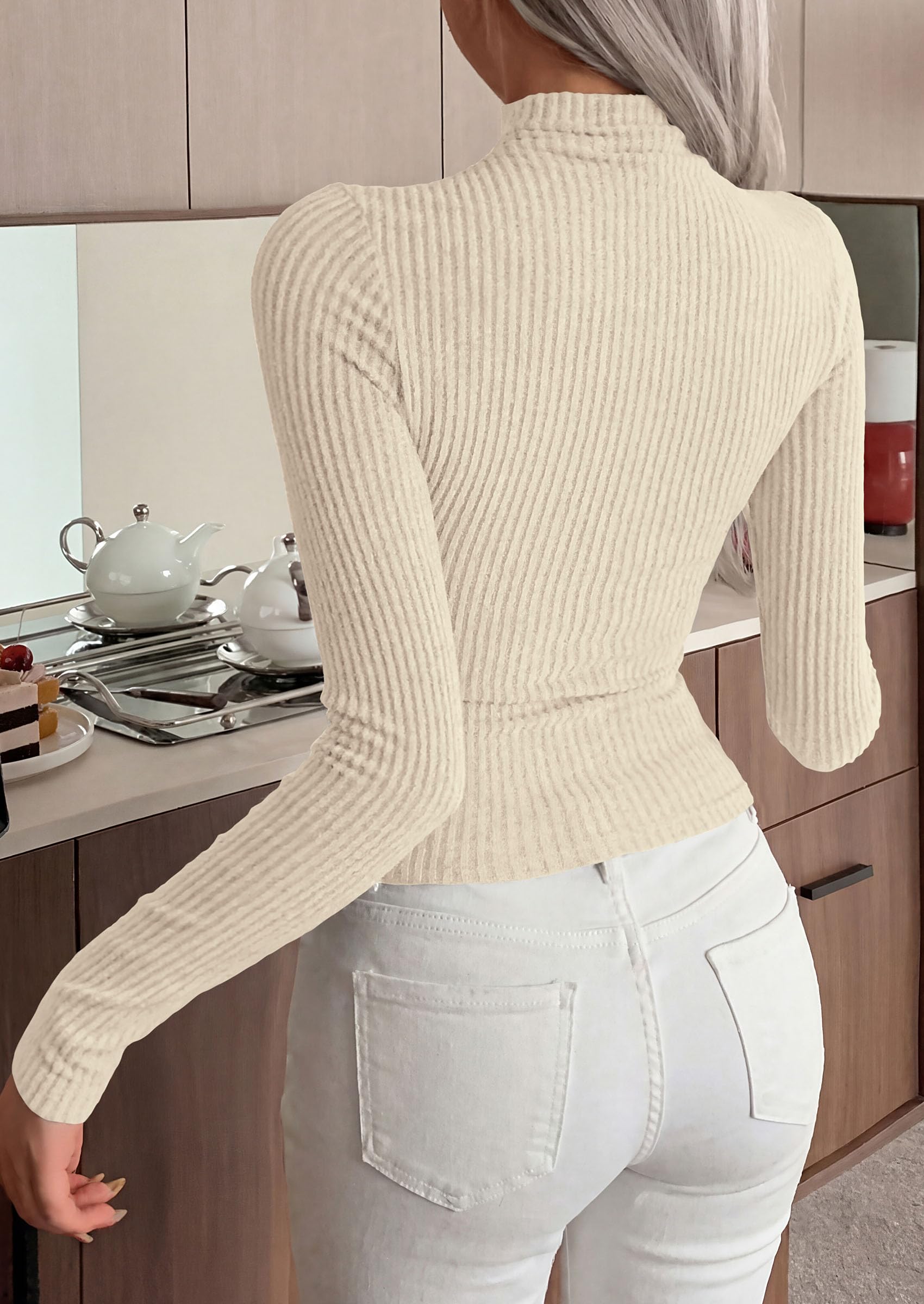 Long Sleeve Shirts for Women Fall Ribbed Mock Turtleneck Tops
