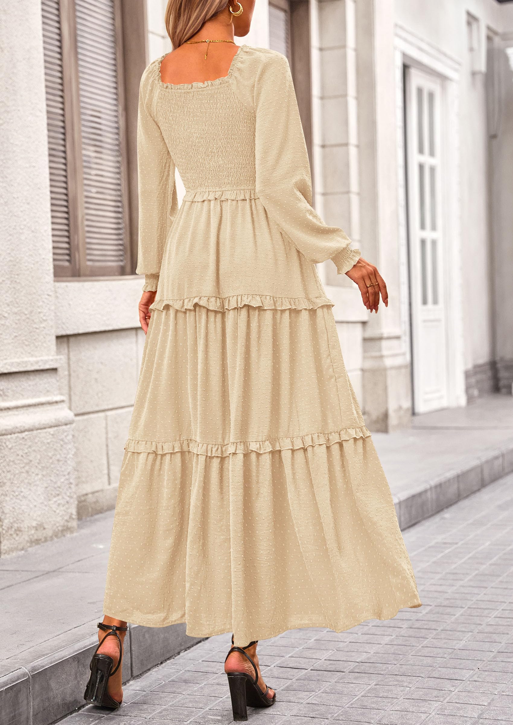 Women's Smocked Long Sleeve Maxi Dress Wedding Guest Dresses