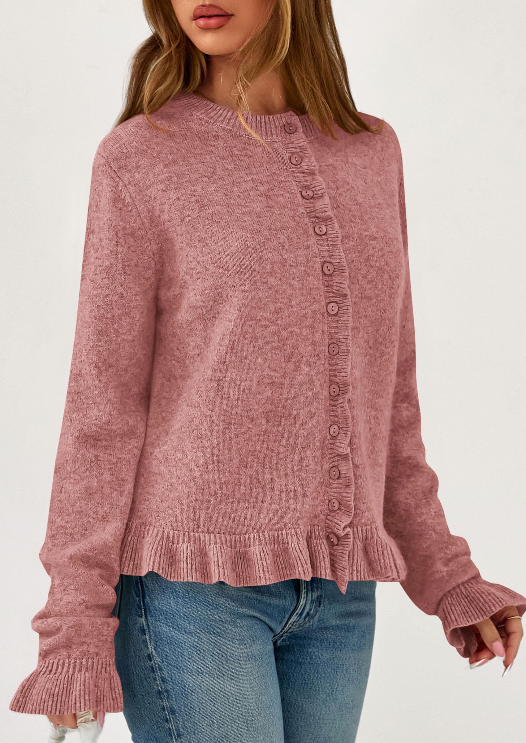 Womens Ruffle Button Down Cardigan Sweaters,Grey Pink,S