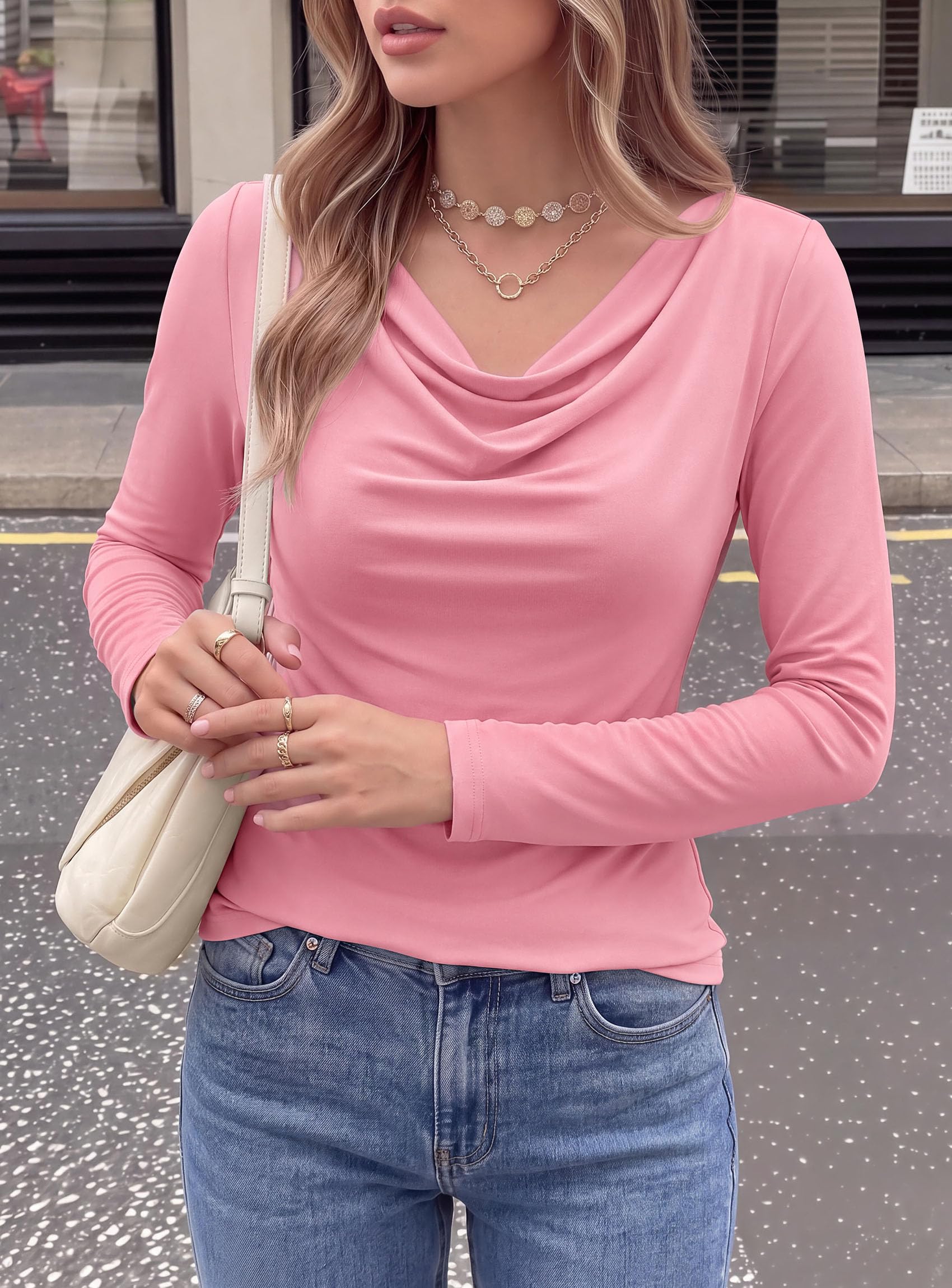 Cowl Neck Tops for Women Fashion Long Sleeve Shirt Pink
