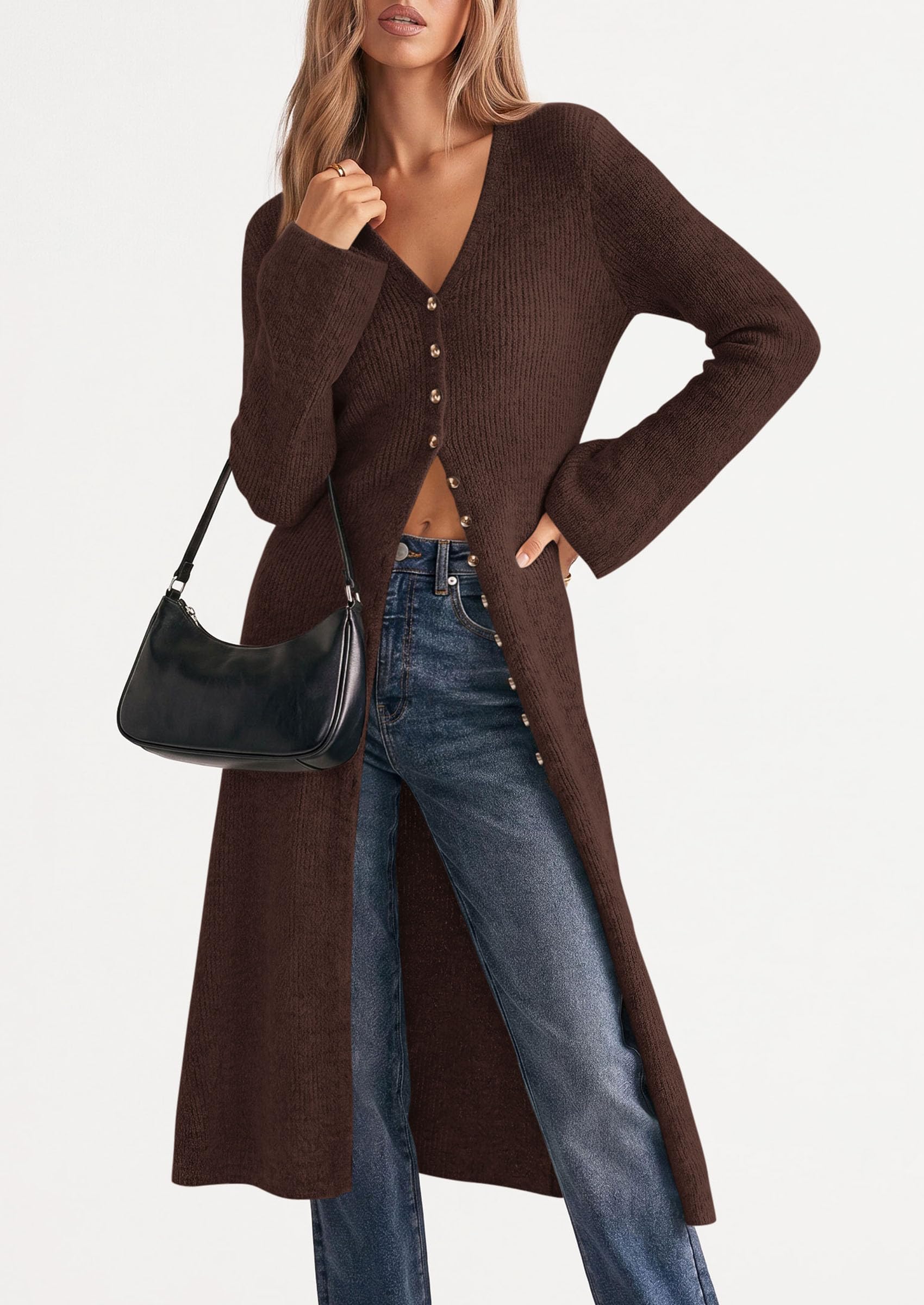 Women Long Cardigan Bell Sleeve Sweater Dress (Brown,S)