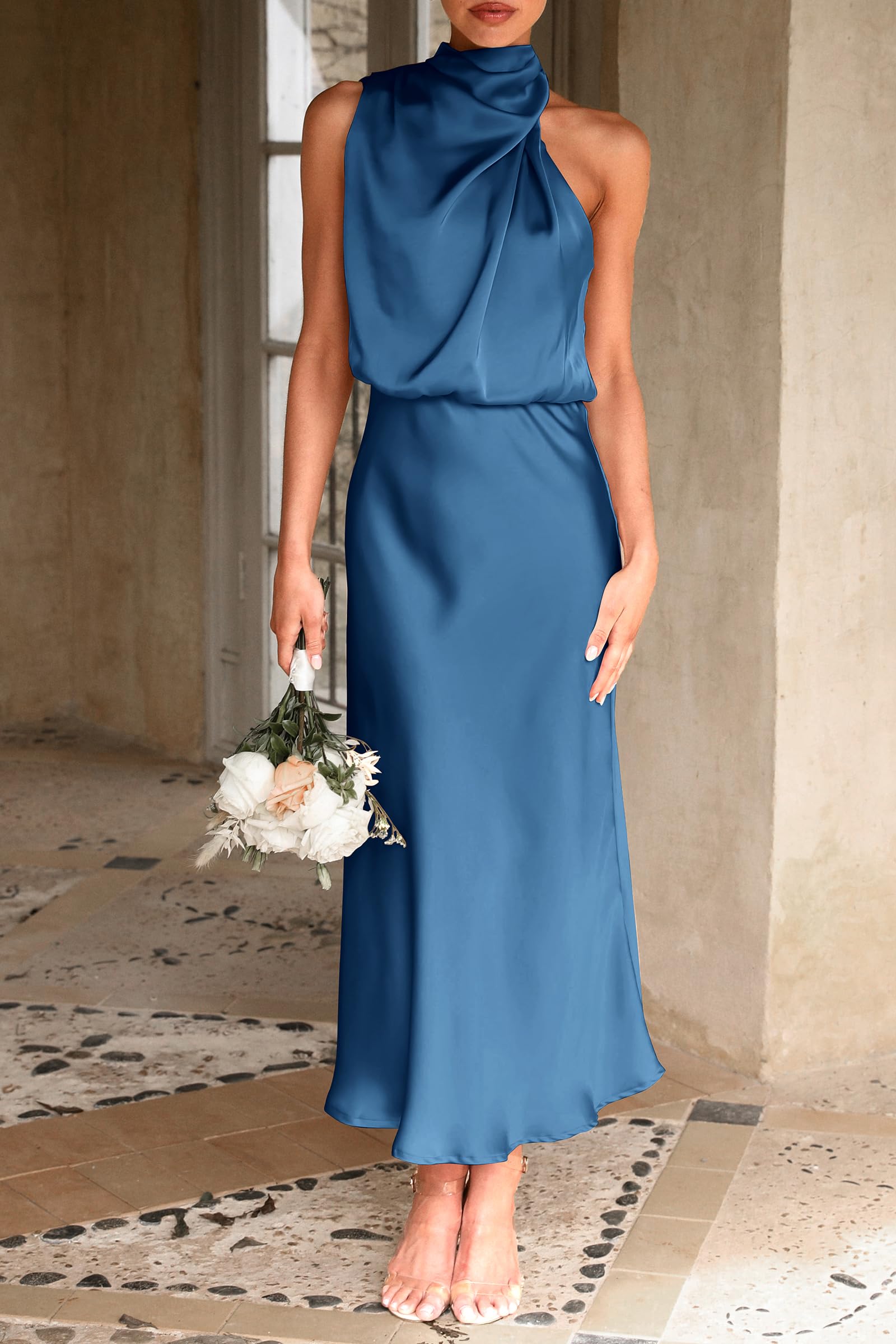 Women's Summer Satin Maxi Cocktail Dress Dark Blue
