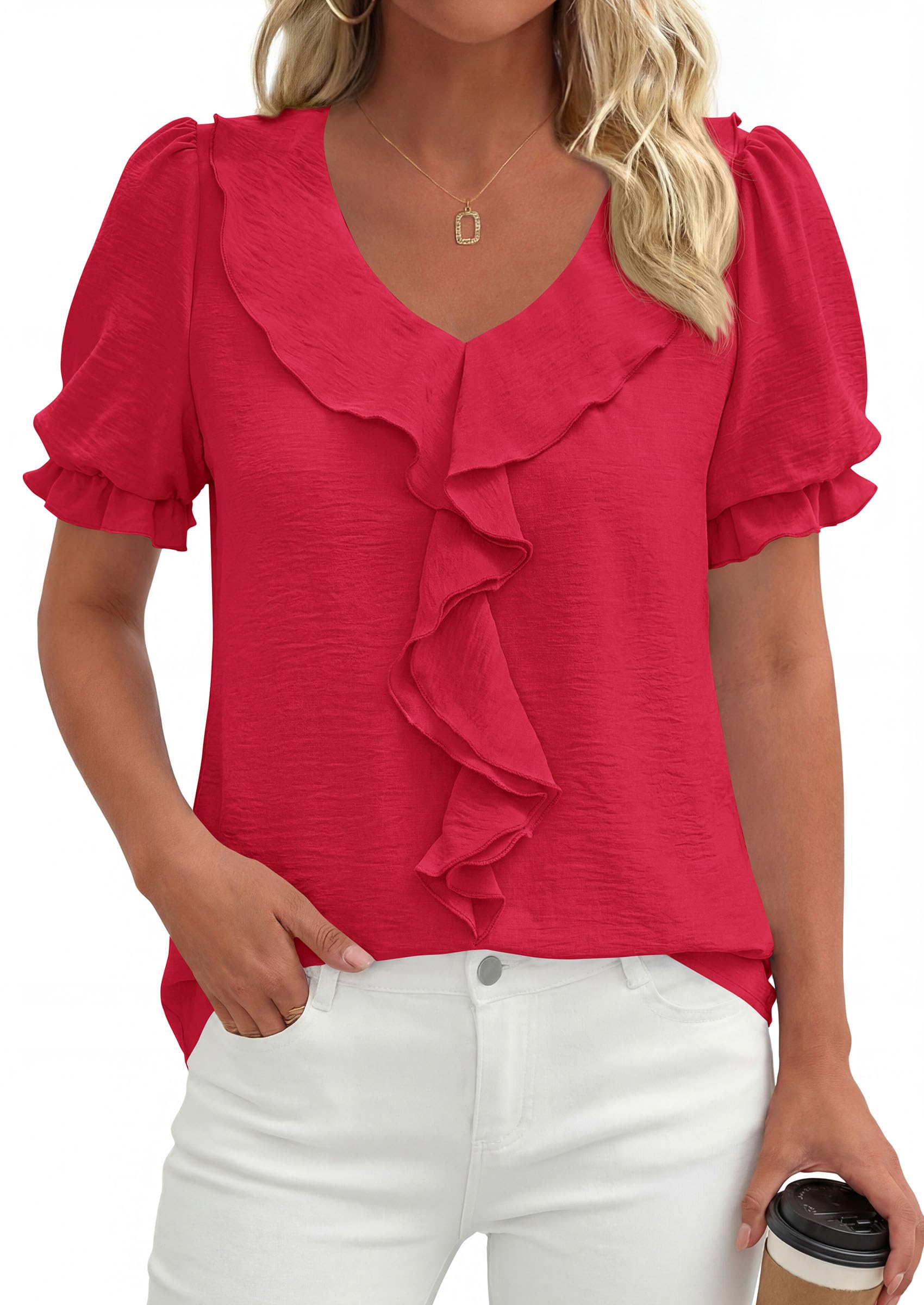 Women's Summer Ruffle Dressy Casual Blouses (Red,S)